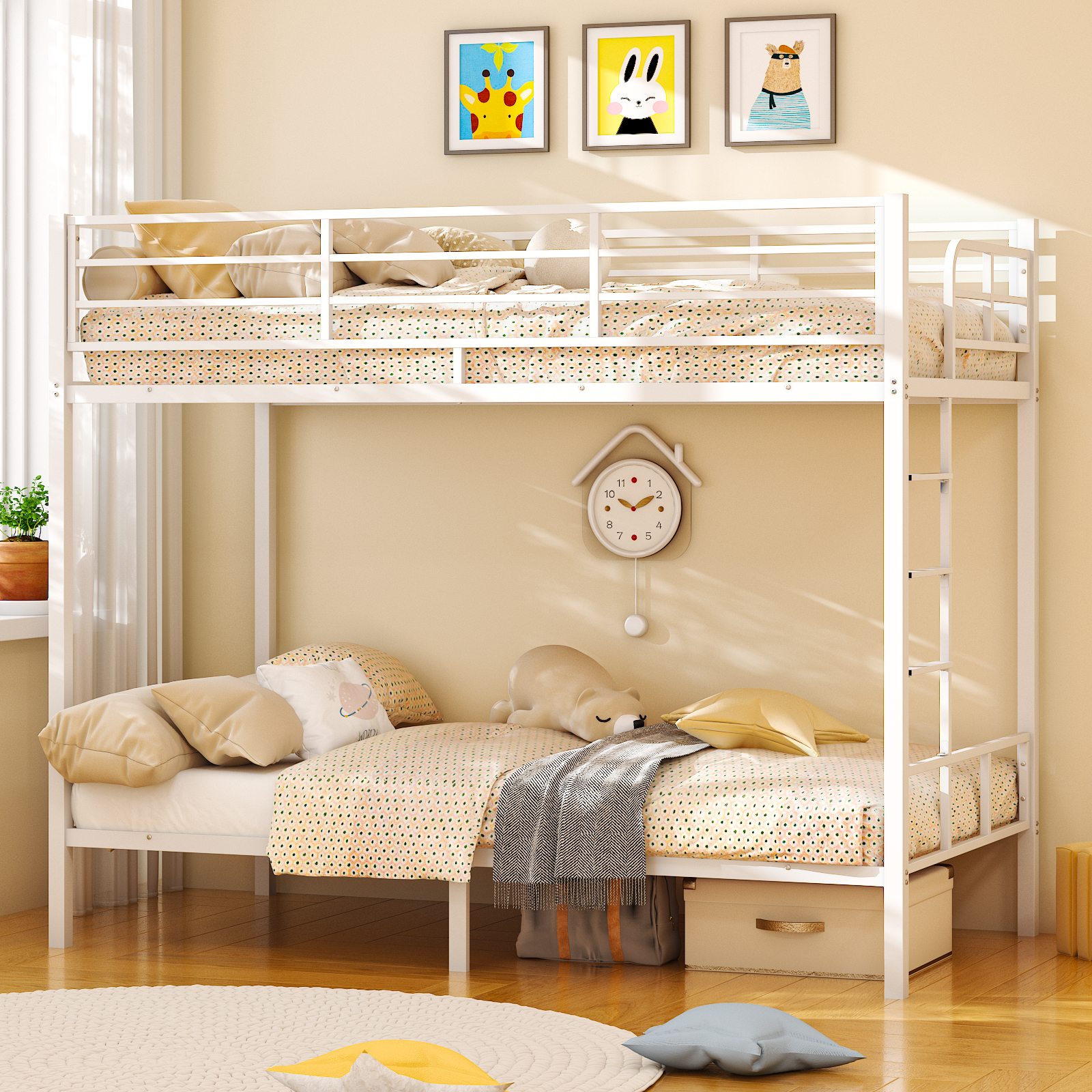 Metal Bunk Bed with 15 Inches Extra High Guardrail Heavy Duty Metal Slats White - Picture 16 of 17