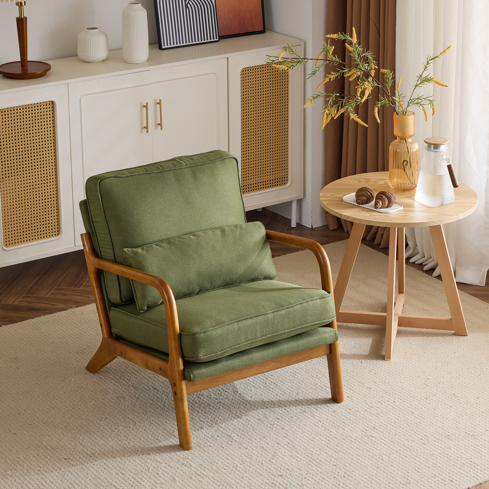 Upholstered Arm Chair Solid Wood Comfy Reading Chair with Lumbar Pillow