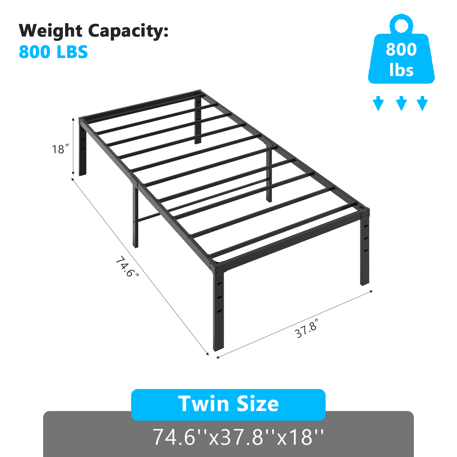 18"Heavy Duty Steel Slat Bed Frame Anti-Slip Support Easy Assembly Mattress