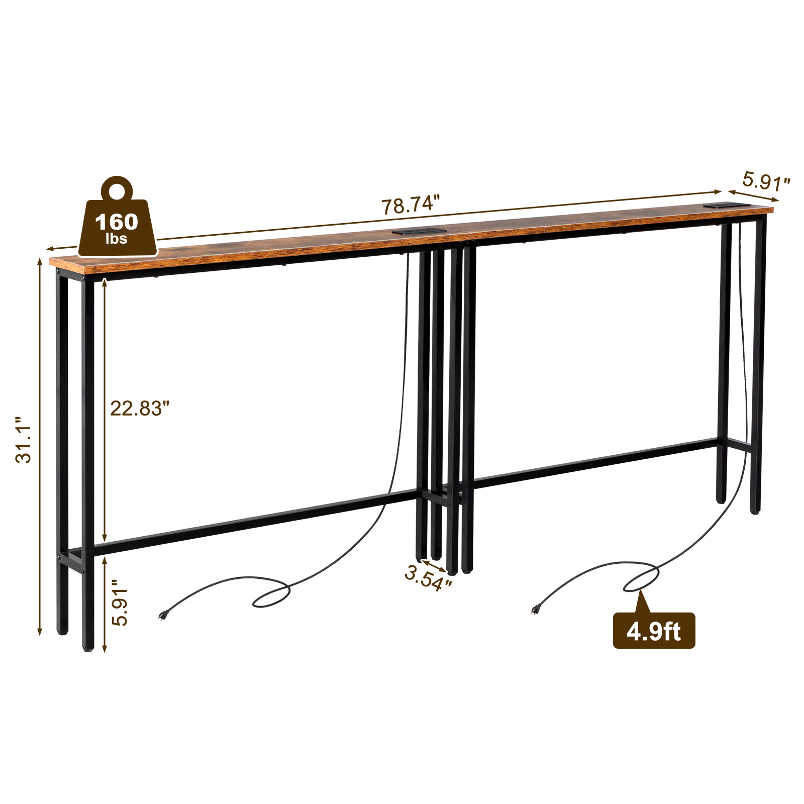 2 Pack 39.4″ Narrow Console Sofa Table with Power Outlets & USB Ports Oak