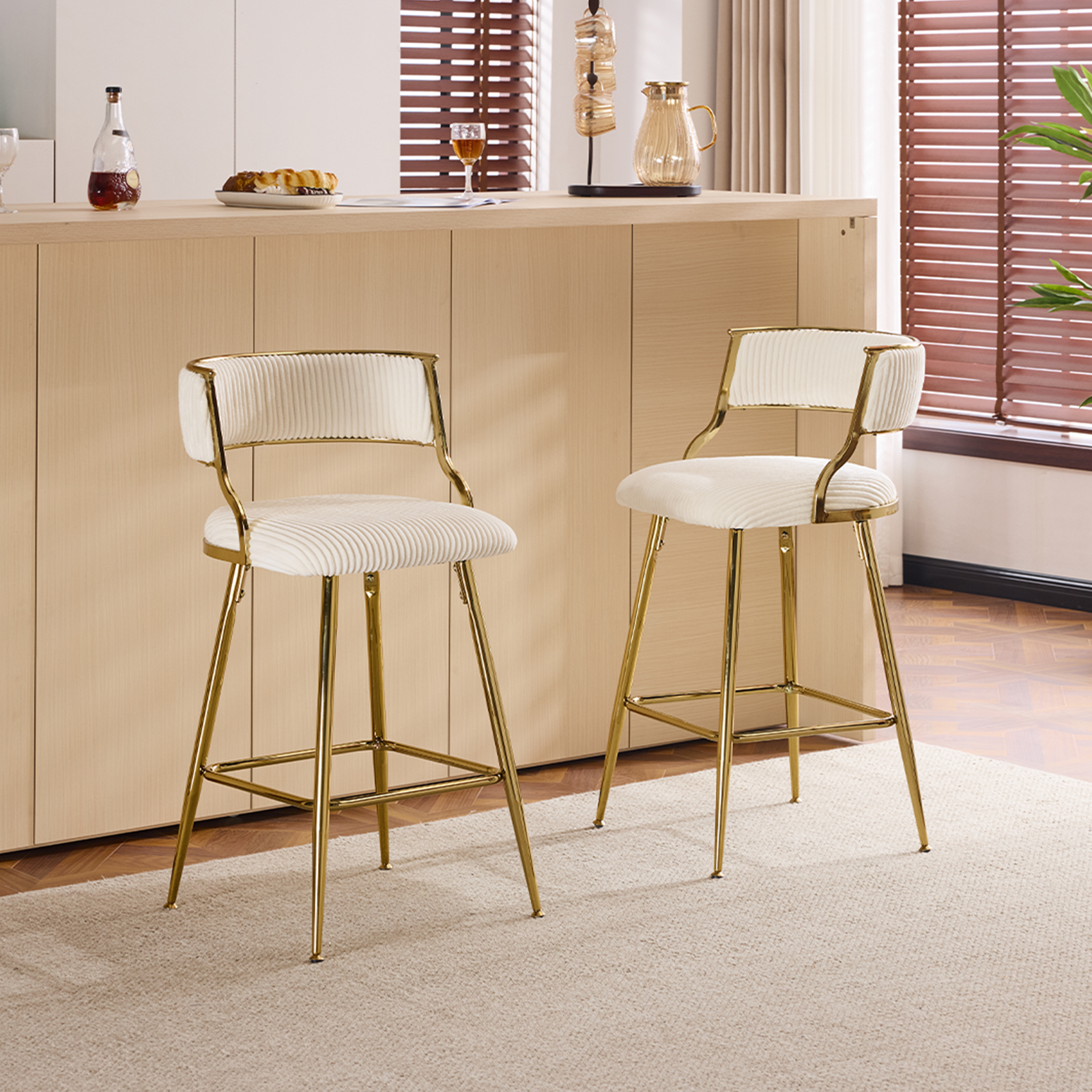Velvet Counter Height Bar Stools Set of 2 Modern Corduroy Upholstered Stools - Picture 16 of 17