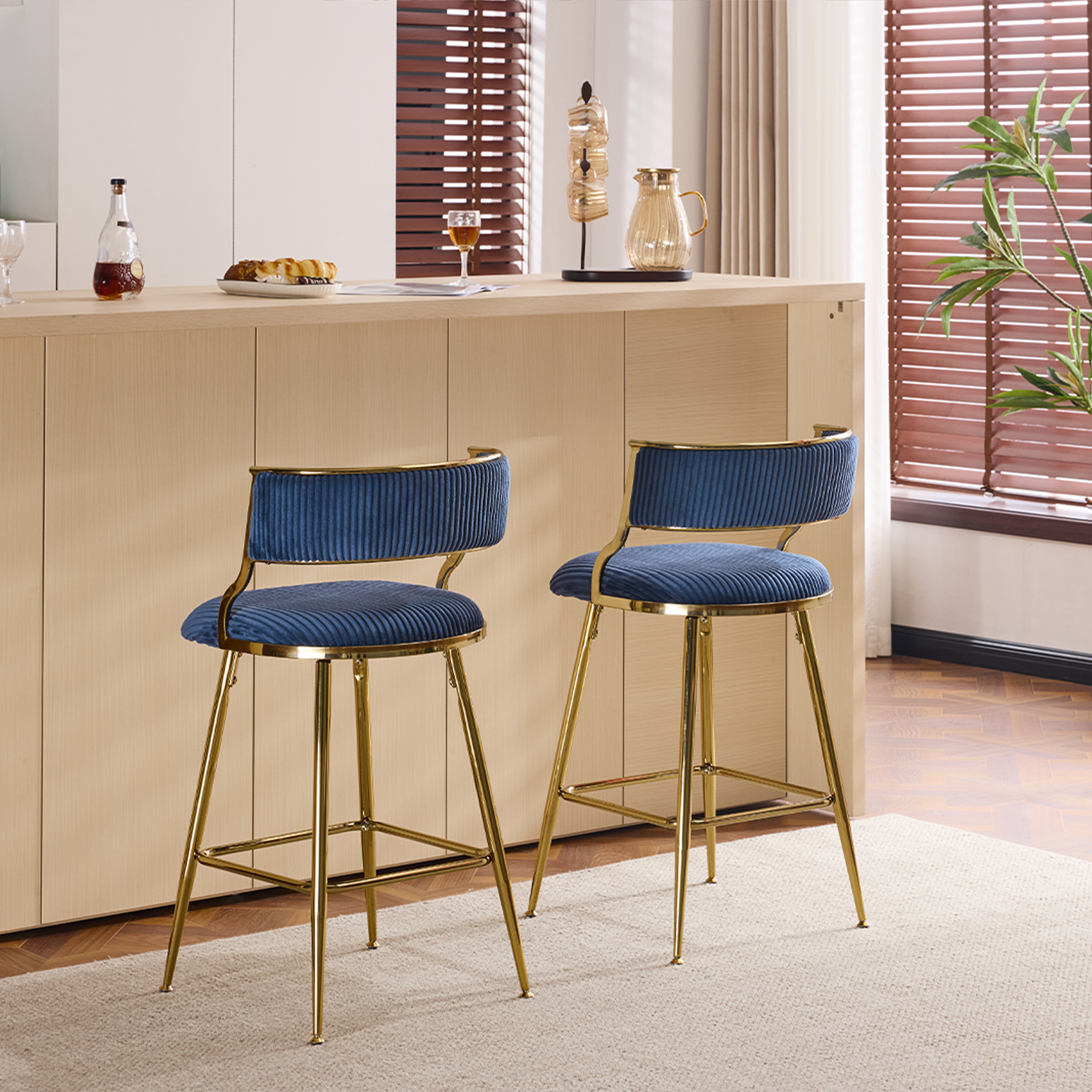 Velvet Counter Height Bar Stools Set of 2 Modern Corduroy Upholstered Stools - Picture 17 of 17