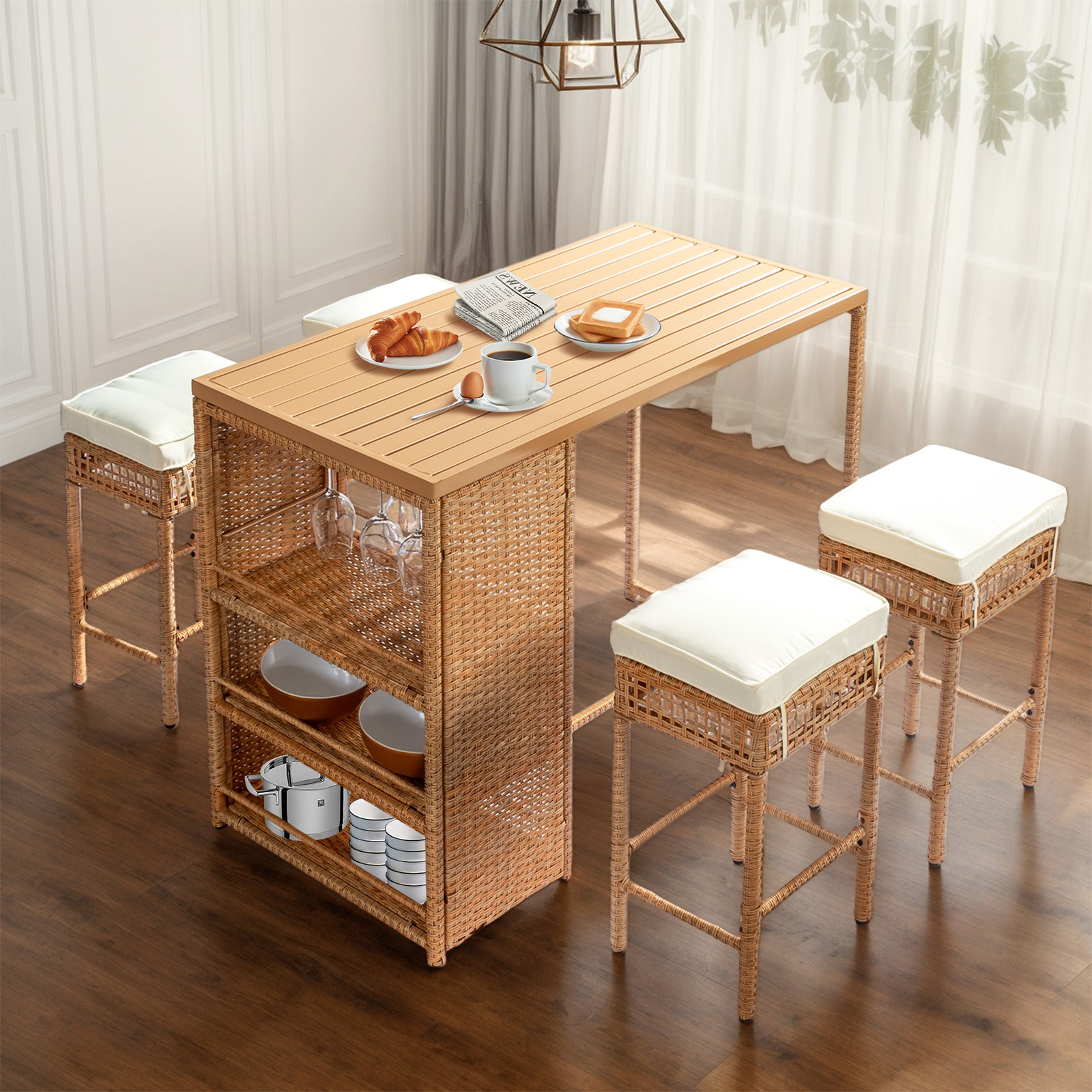 5 PCS Bar Chairs Table Set Wicker Sturdy Frame Furniture with Storage Balcony