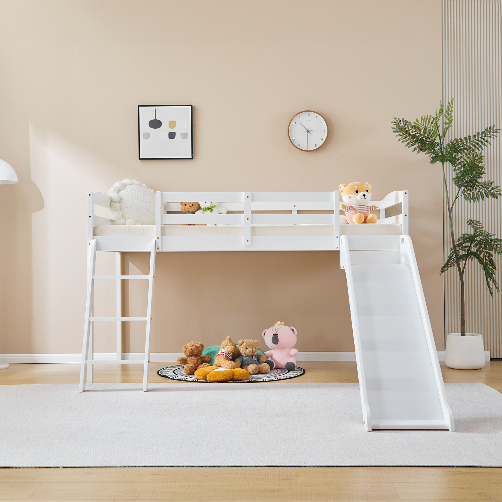 Bunk Bed with Curved Slide Low Bunk Bed Space-Saving No Spring Box Needed