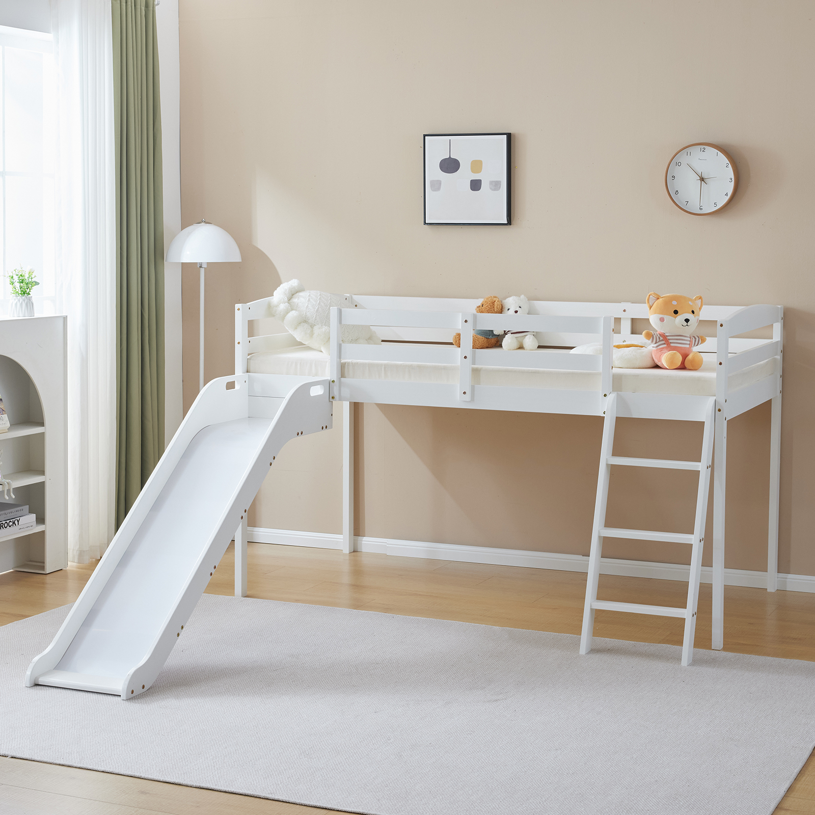 Twin Size Low Bunk Bed with Slide & Ladder Classic Solid Wood Kids Bedroom