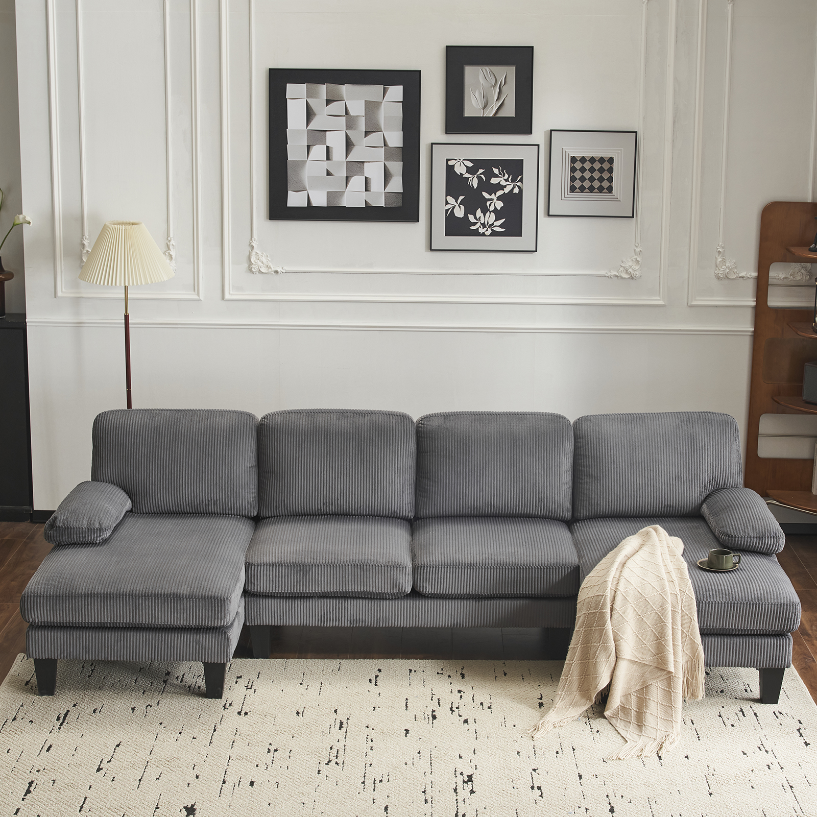 U-Shape Sectional Sofa Couch 111" Modern 4-Seat Sofa W/ Chaises Corduroy Fabric - Picture 19 of 20