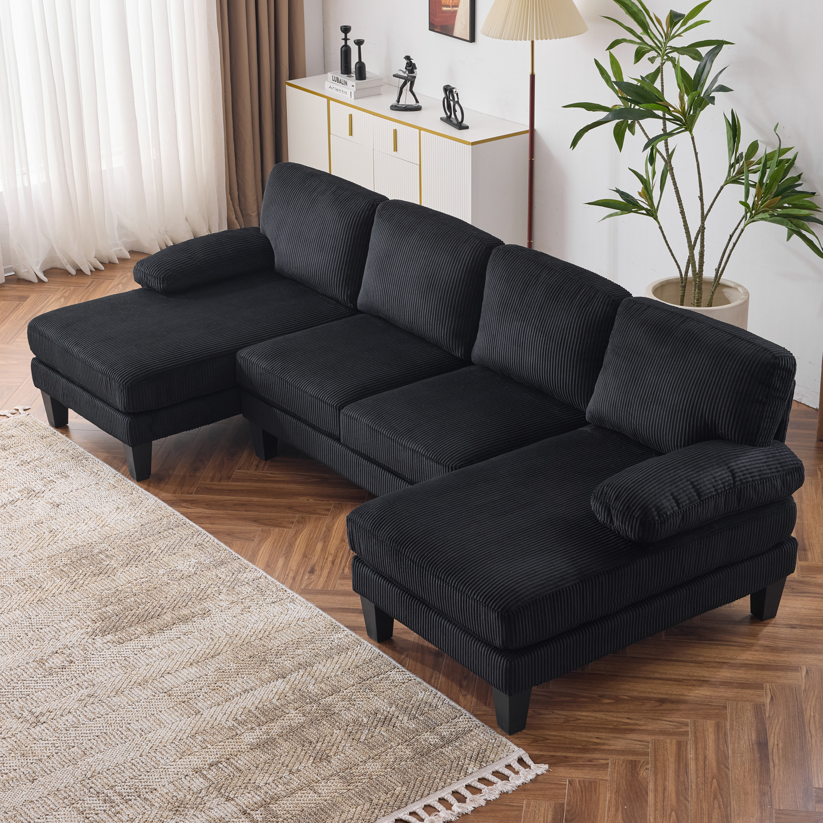 U-Shape Sectional Sofa Couch 111" Modern 4-Seat Sofa W/ Chaises Corduroy Fabric - Picture 20 of 20