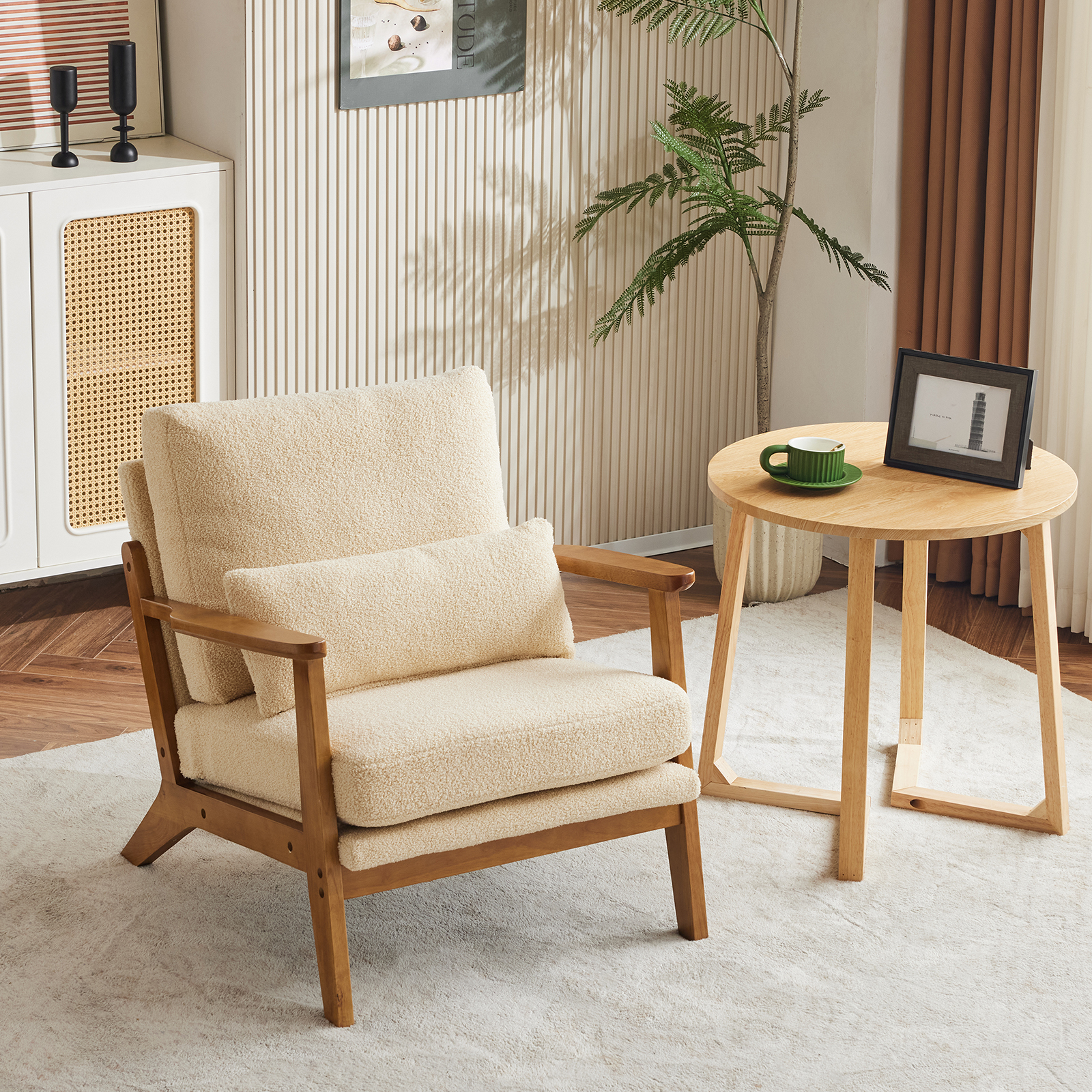 Teddy Fleece Armchair with Lumbar Pillow Comfy Reading Chair for Home Balcony