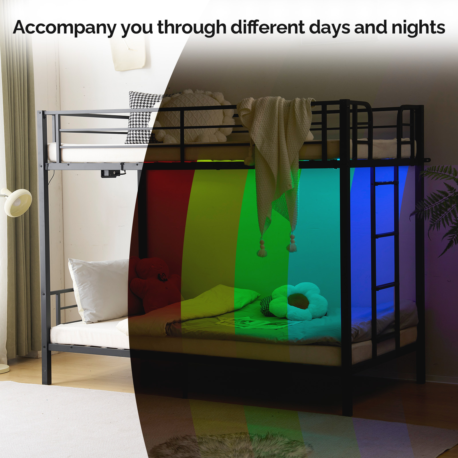 Metal Bunk Bed Frame with Full Length Guardrail Charging Station for Kids Teens