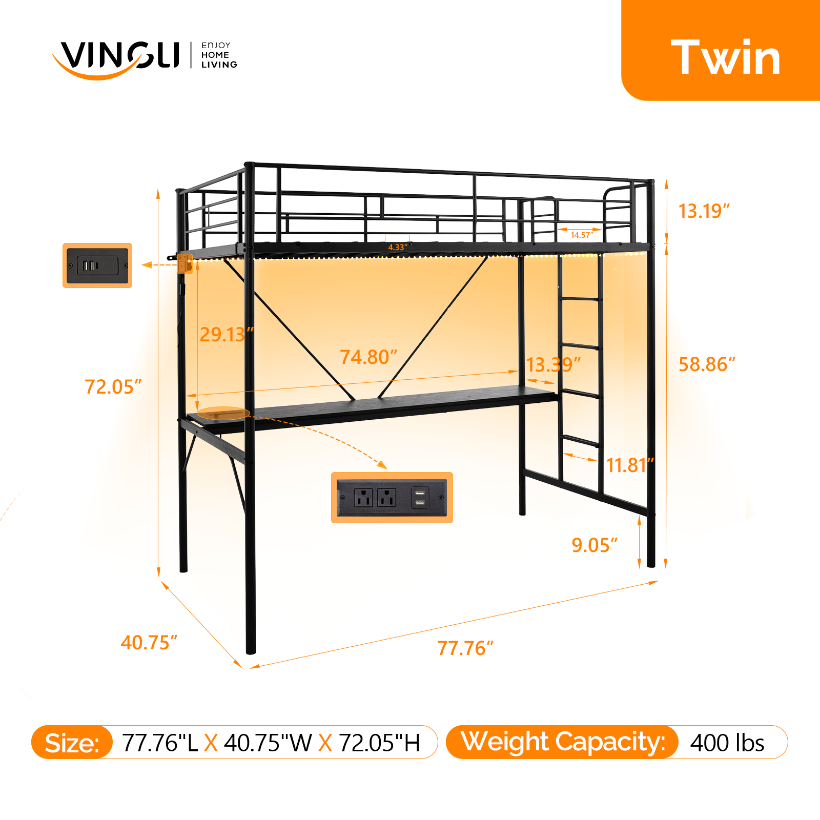 Full Size High Loft Bed with Desk & Build-in Ladders Space Saving Design