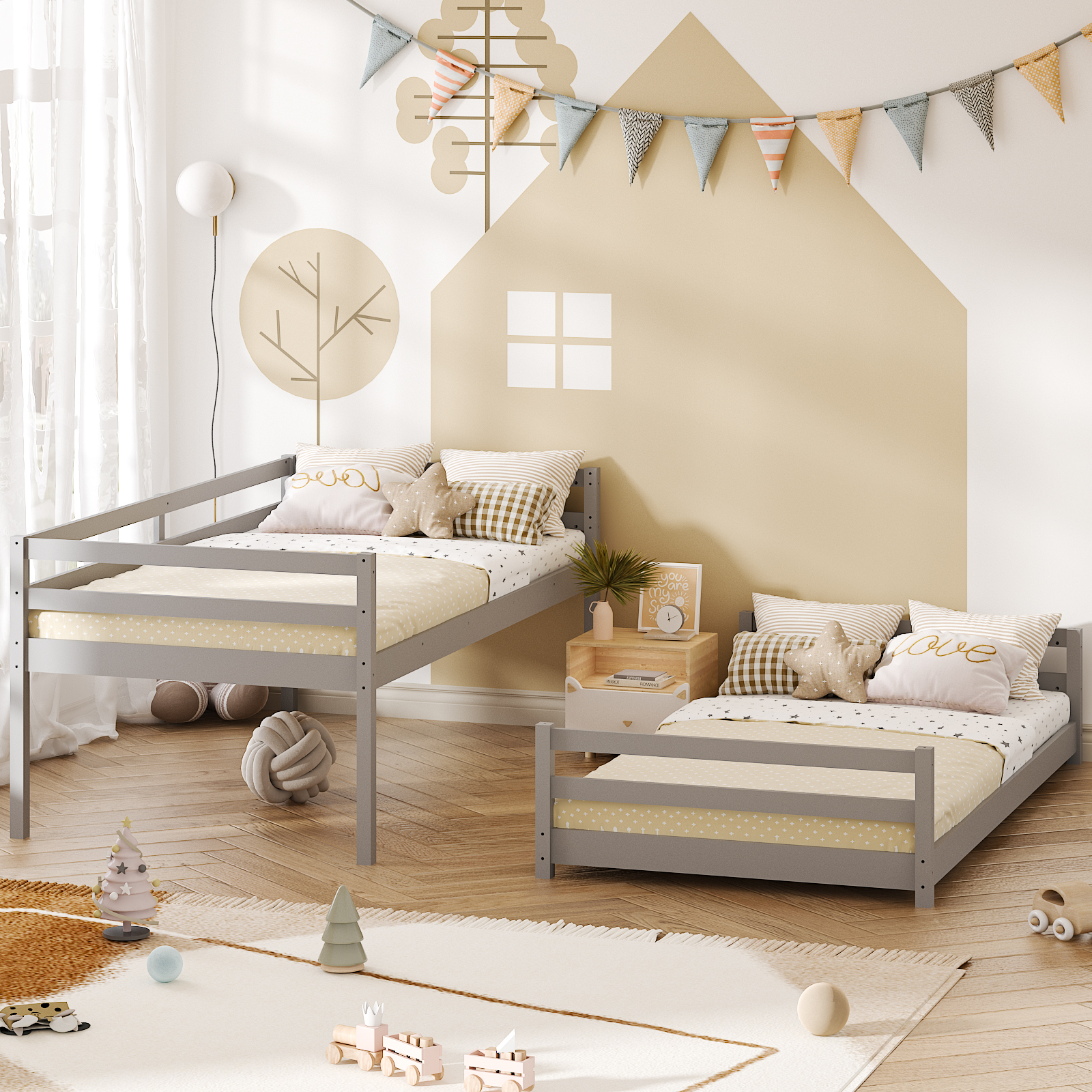 78″L x 41″W x 48″H Wood Twin Bunk Bed Frame with Safety Rail Ladder for Kids