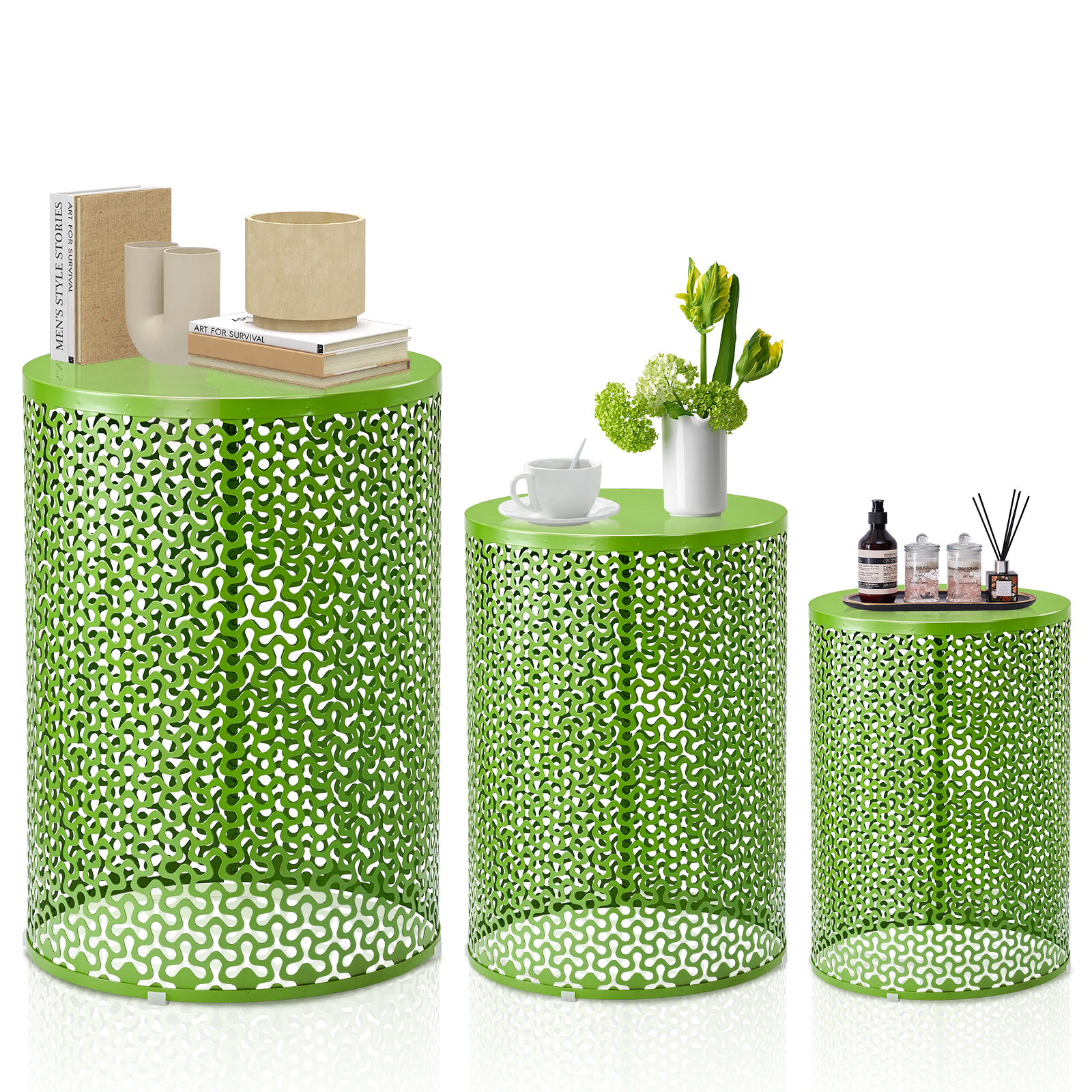 3 PCS In/Outdoor Patio Accent Side Table Shamrock Pattern Round Metal Frame