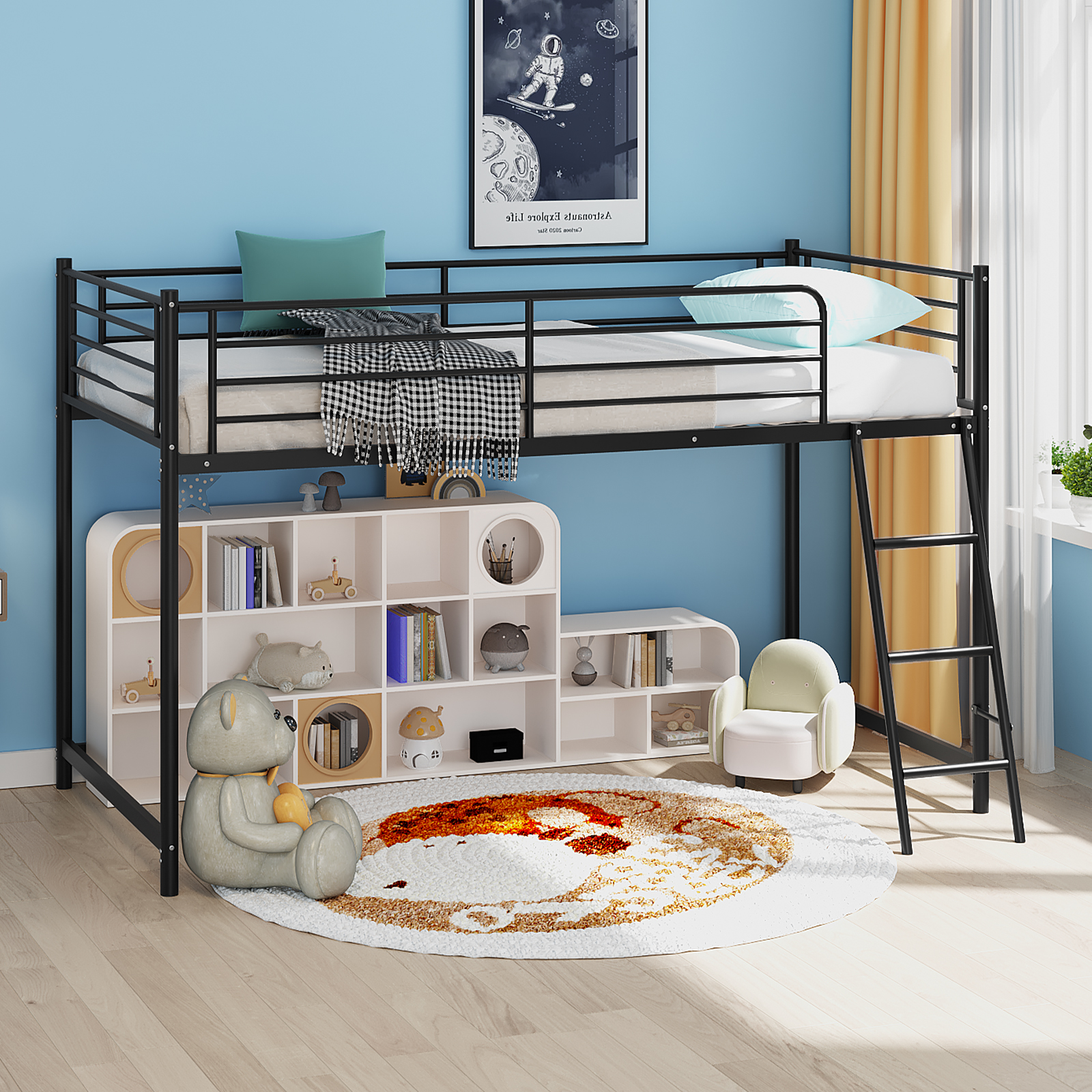 Twin Size Bed Frame with 15” High Guardrail for Boys Girls Junior Space Saving