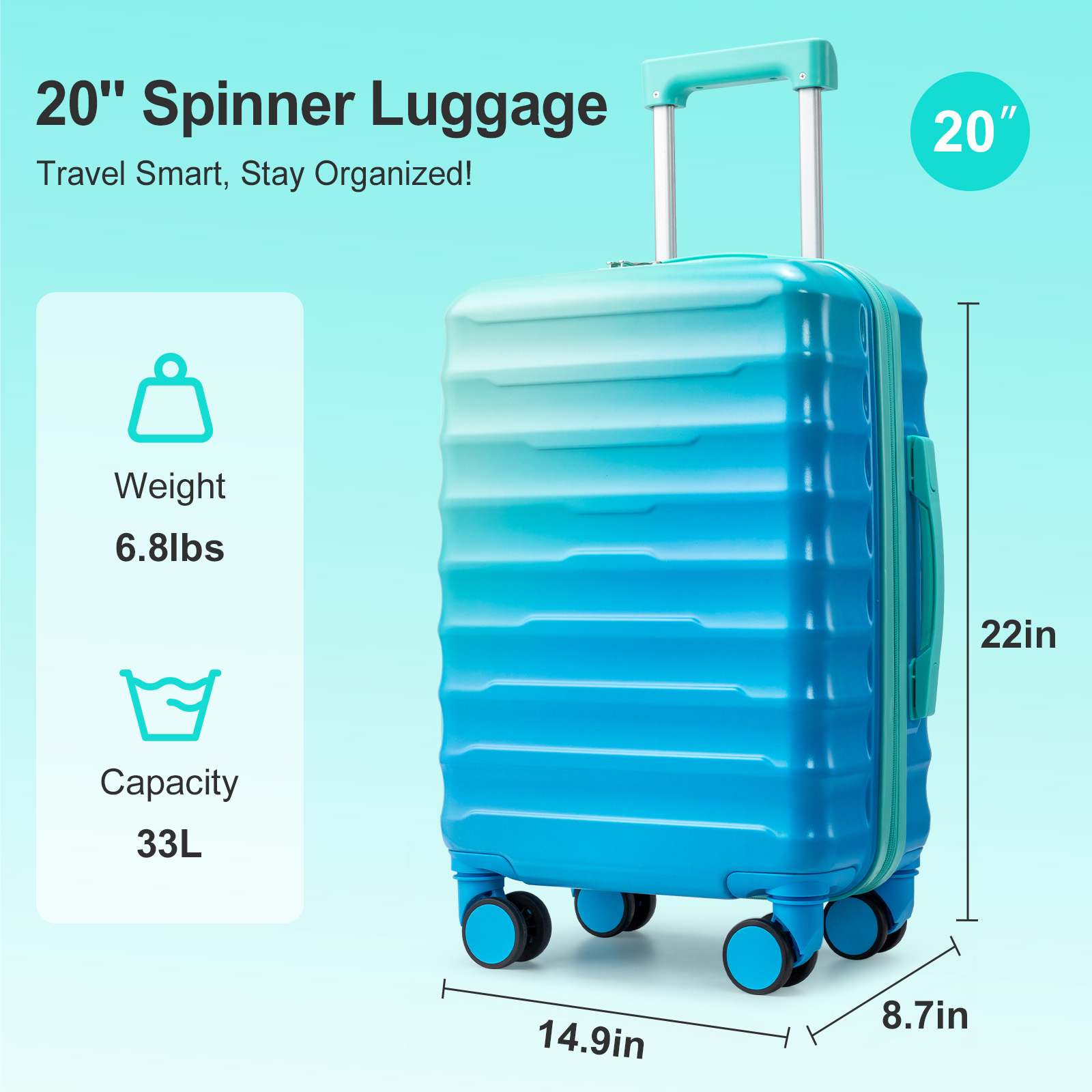 20"/24"/28" 28-Inch Large Luggage with Dual 360° Spinner Wheels Ocean Blue