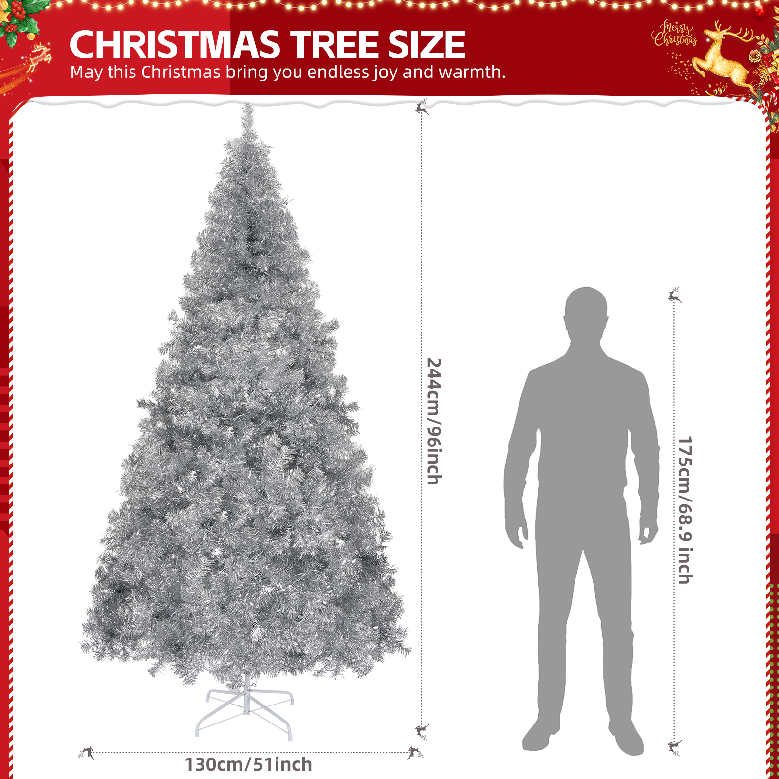 6ft/7ft/8ft Artificial Silver Tinsel Christmas Tree with LED Light Holiday Xmas