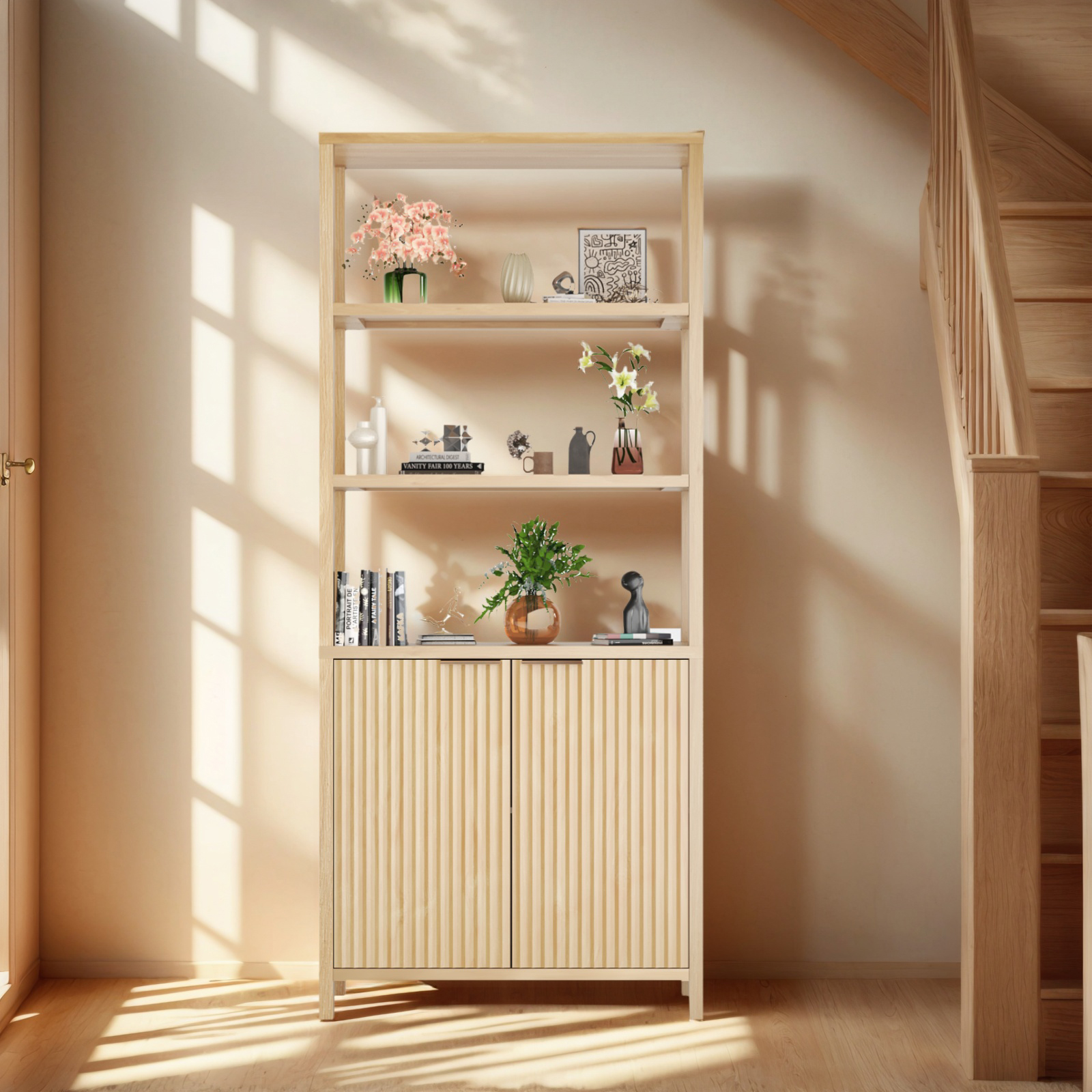 Adjustable Shelves 6-Tier Display Cabinet Bookshelf Bookcase with Fluted Doors