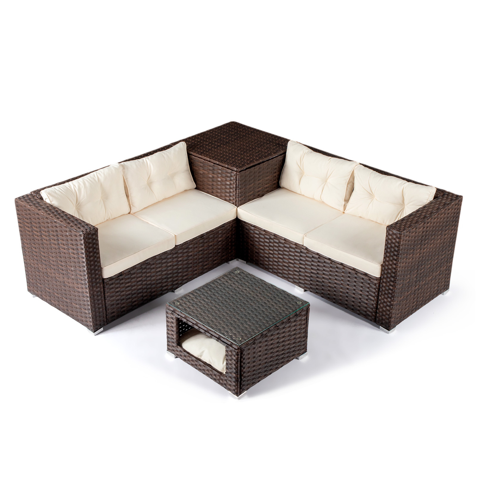 4 Piece Outdoor Patio Rattan Sectional Furniture Chair Set with Pet Coffee Table