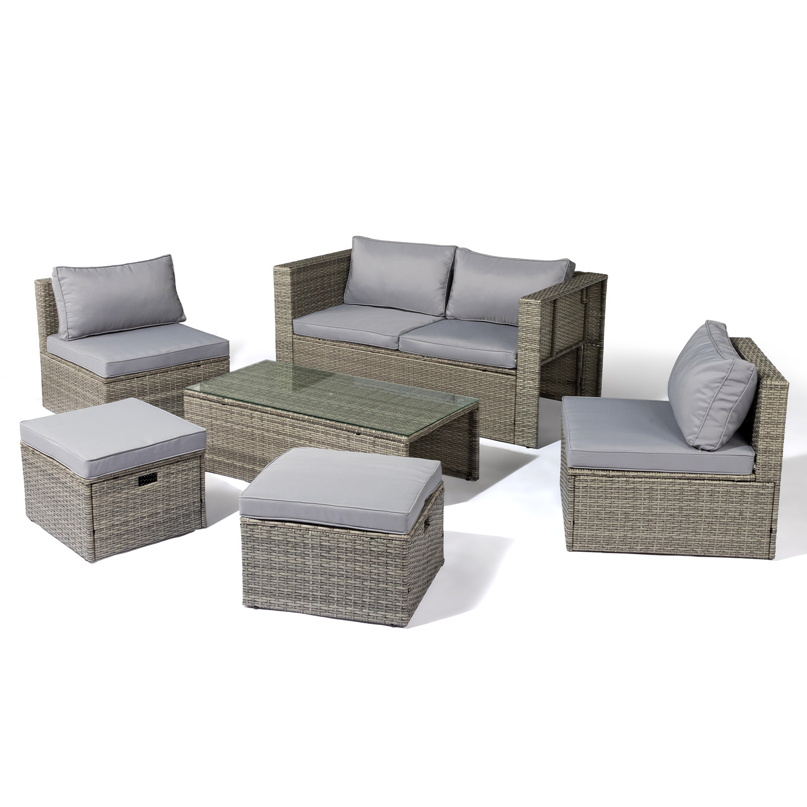 Set of 6 Outdoor Patio Rattan Sectional Furniture Chair Table Footstool, Cushion