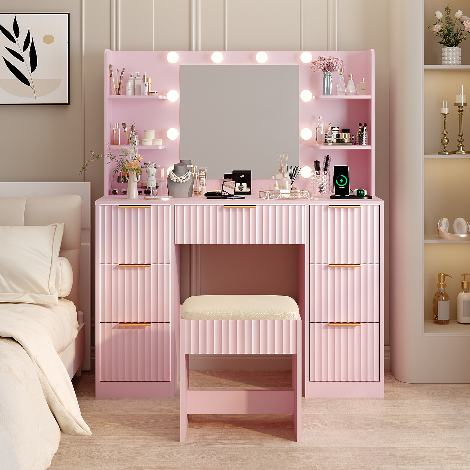 Fluted Makeup Vanity Desk with Mirror & Power Outlet & Drawers & Stool 4 Colors