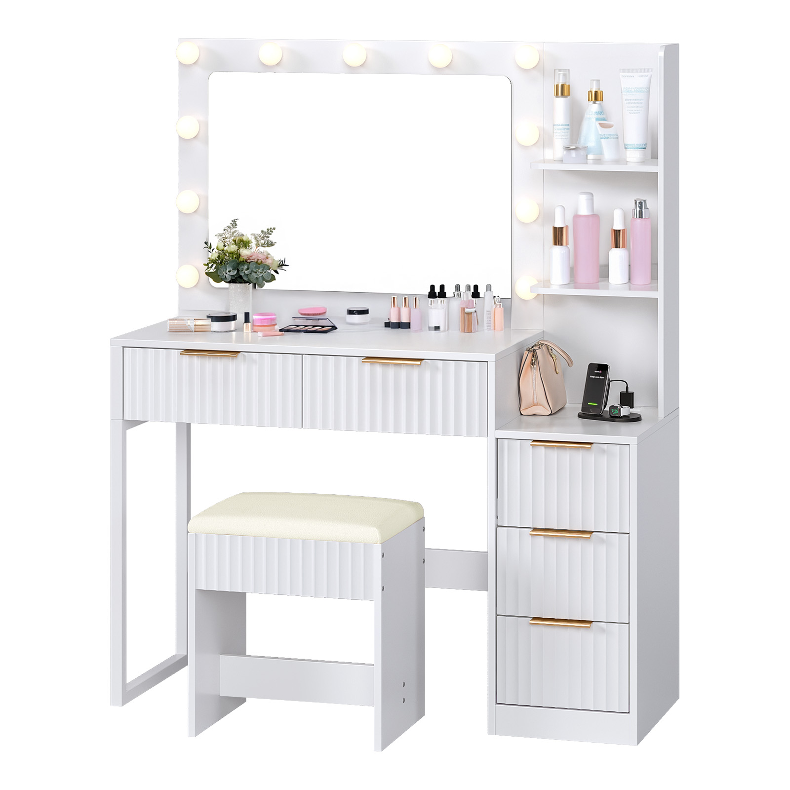 Fluted Pink Vanity Desk with Lights & Power Outlet Drawer Makeup Dressing Table