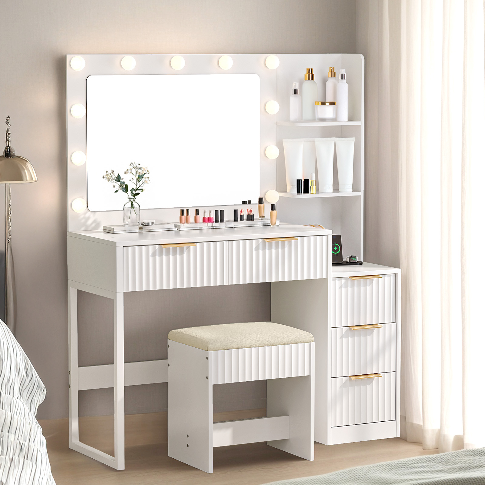 Vanity Desk with Lights Mirror &amp; Power Strip, Fluted Modern Dressing Table New