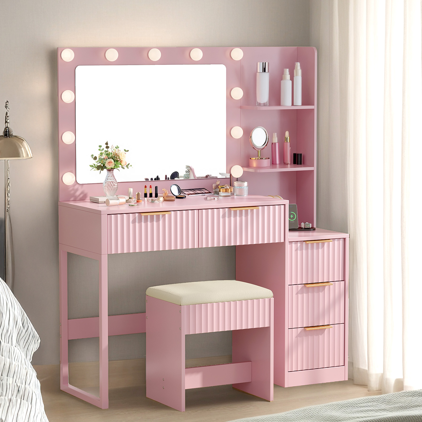 Makeup Vanity for Bedroom with Power Outlet, Small Dressing Table with Mirror