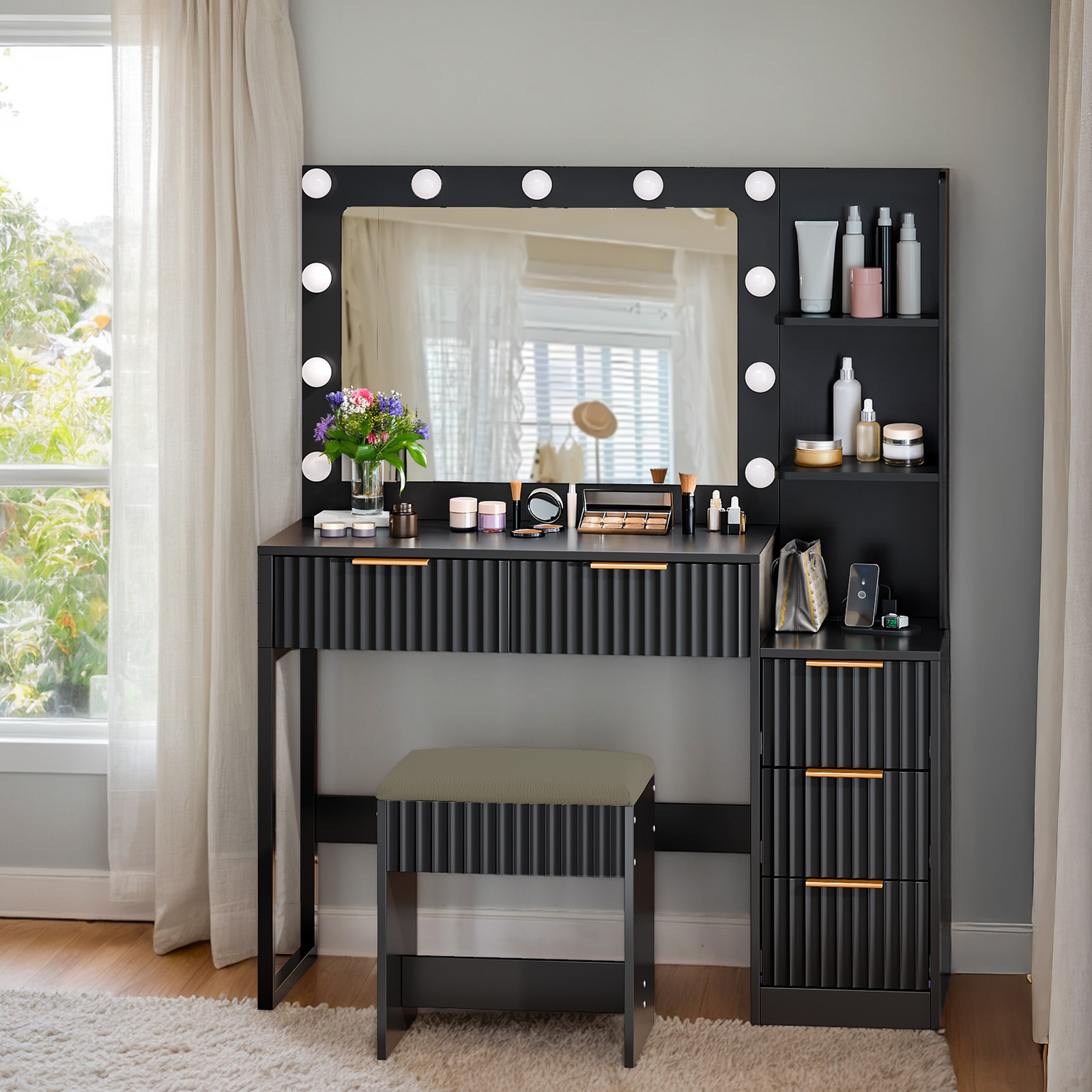 Makeup Vanity for Bedroom with Power Outlet, Small Dressing Table with Mirror | eBay Makeup Vanity for Bedroom with Power Outlet, Small Dressing Table with Mirror | eBay