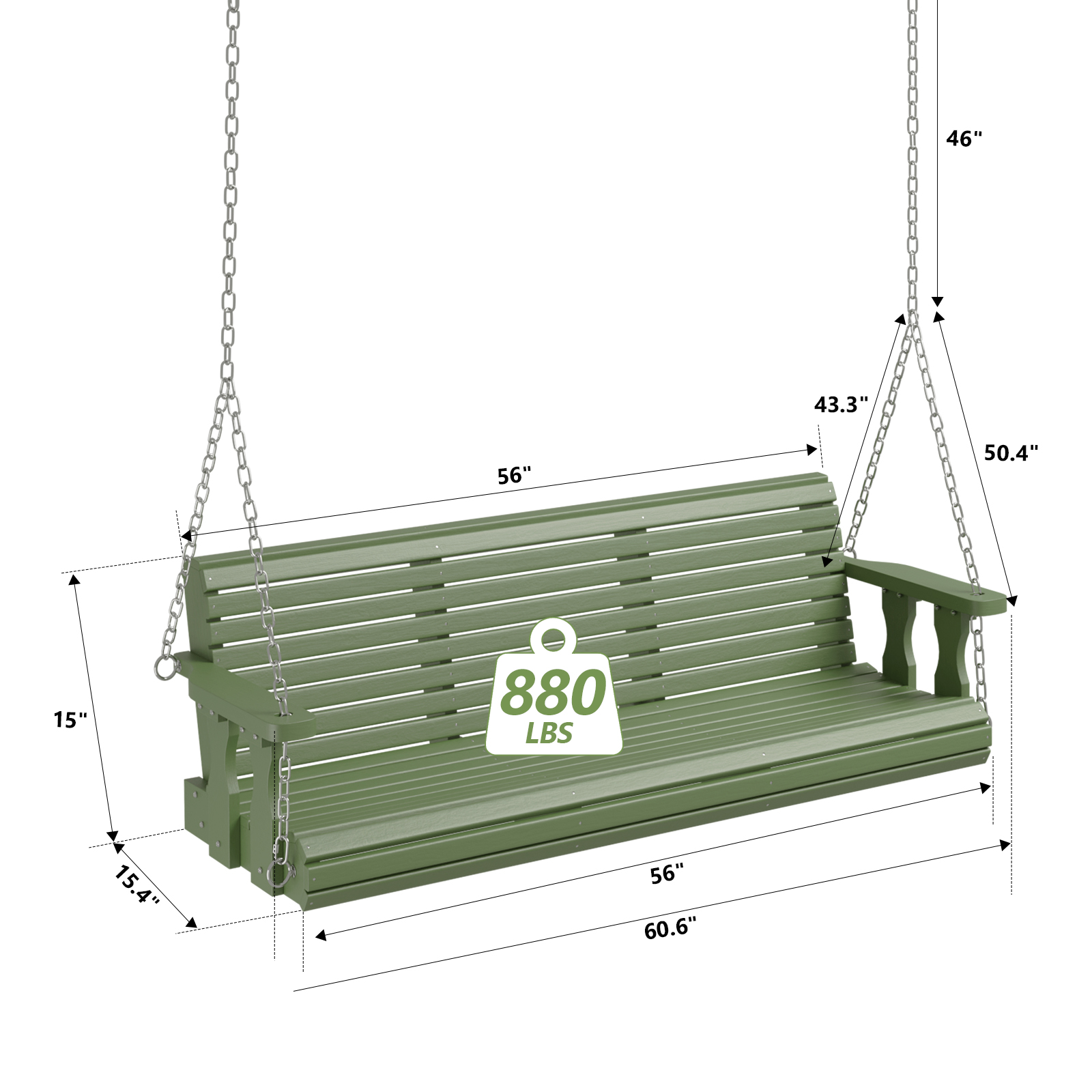 Oudoor ​4 / 5FT Olive Green Regular Style Wooden Swing with Hanging Chains