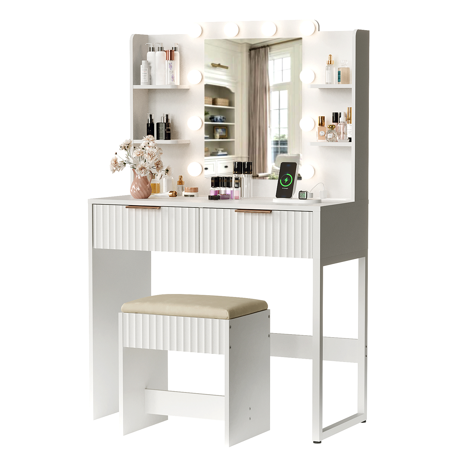 Vanity Desk with Lighted Mirror & Power Outlets & Drawer, Modern Dressing Table