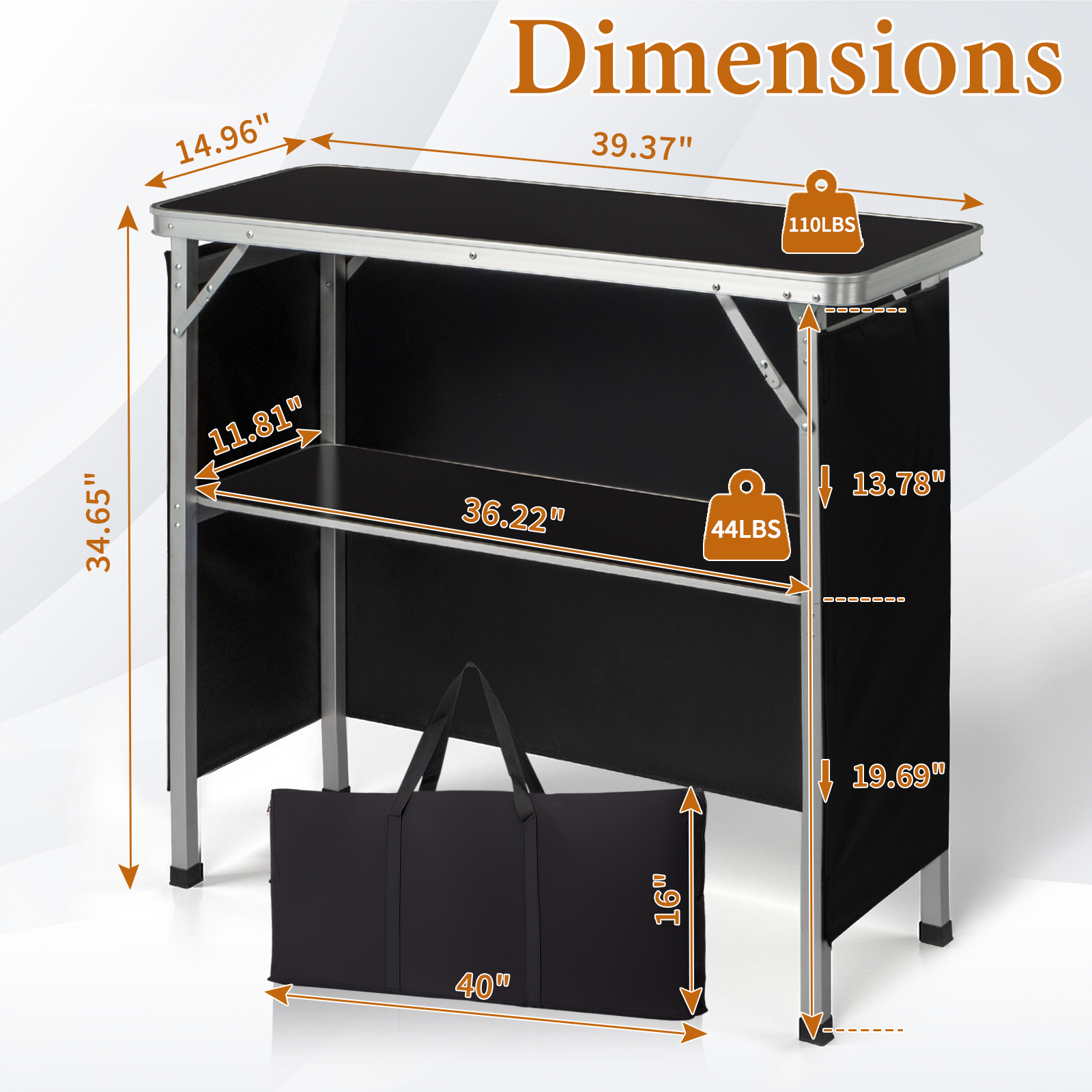 Portable Folding Bar Table with Shelf, Bag for Outdoor Party Picnic Exhibition