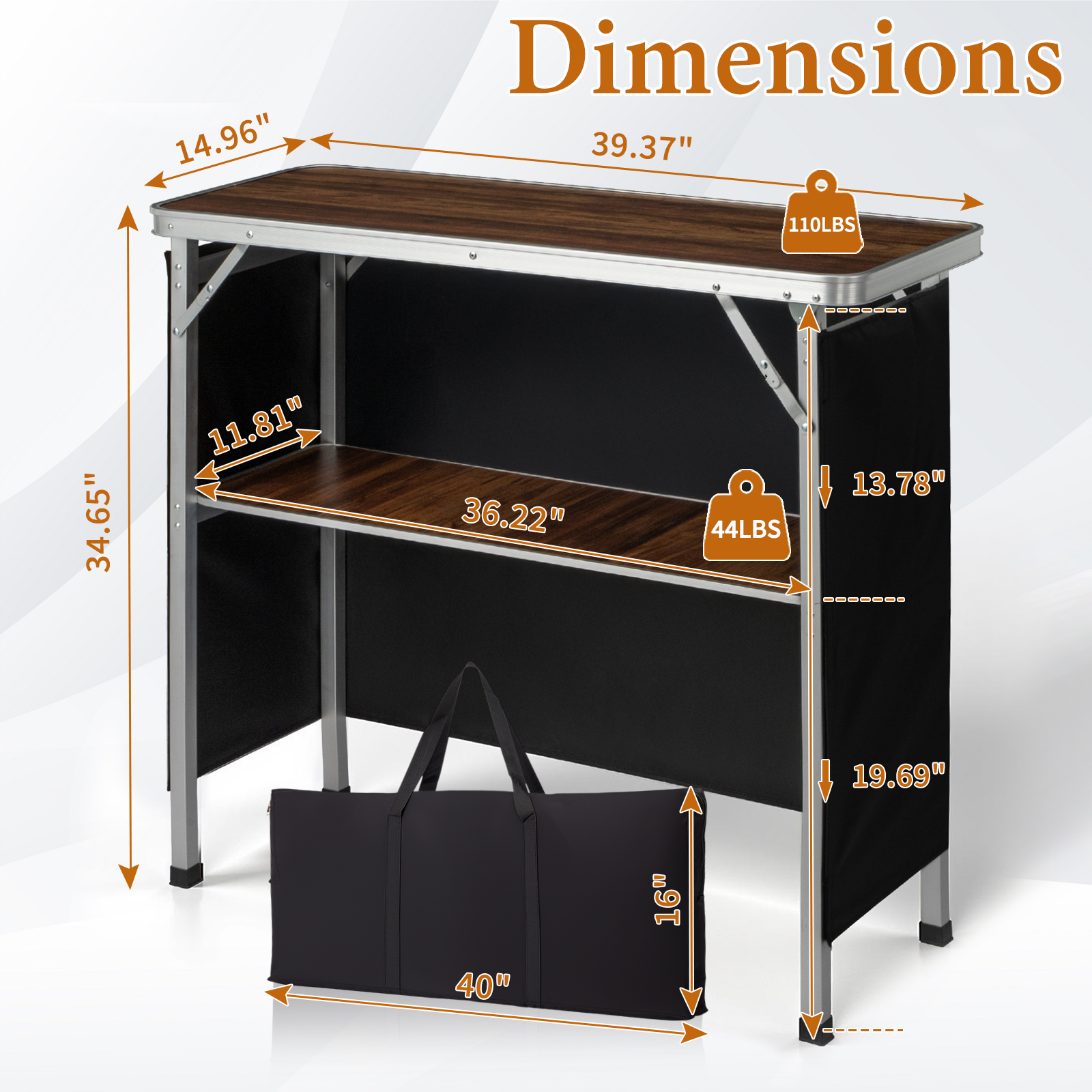 Portable Folding Bar Table with Shelf, Bag for Outdoor Party Picnic Exhibition