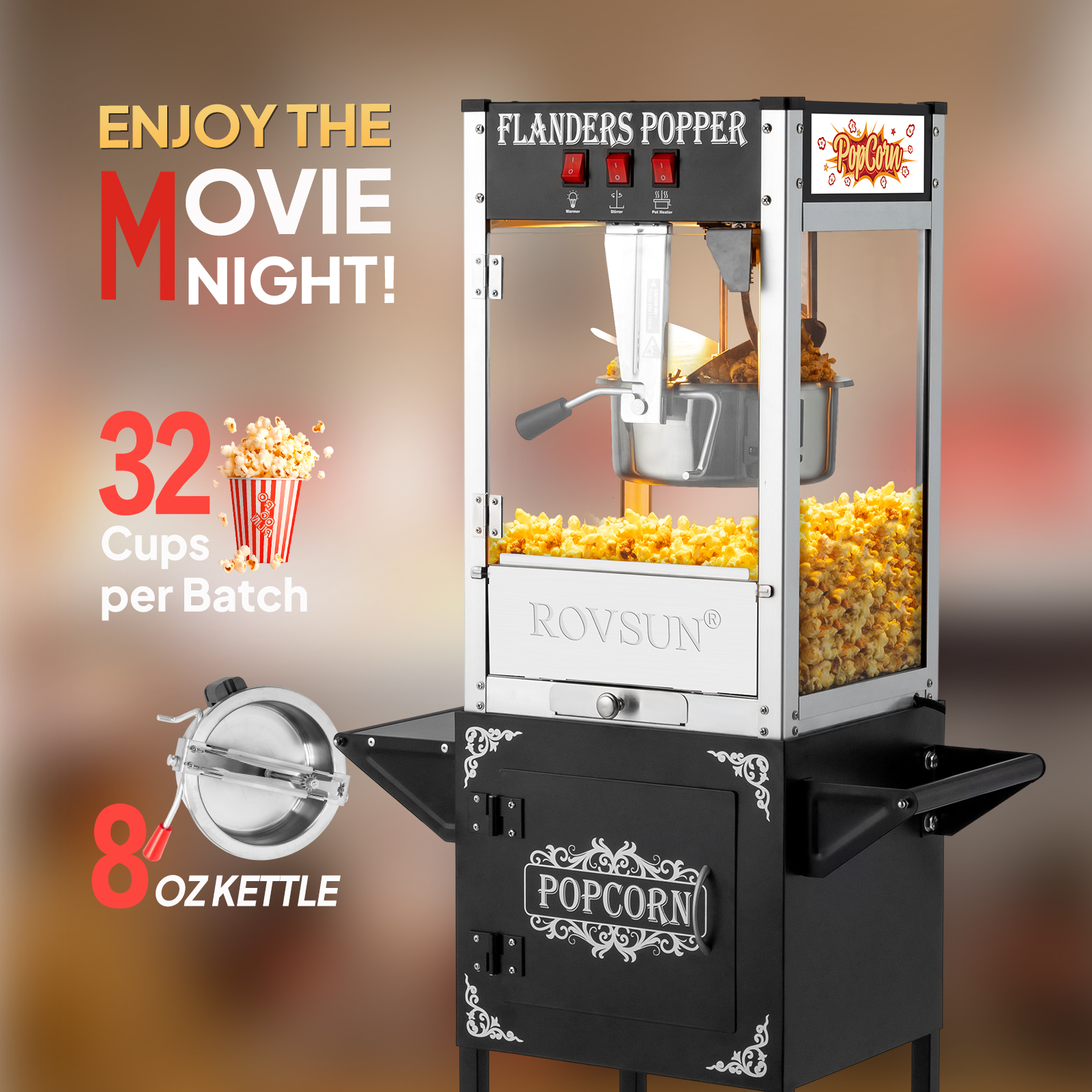 Popcorn Machine Maker Popper with Cart and 8-Ounce Kettle
