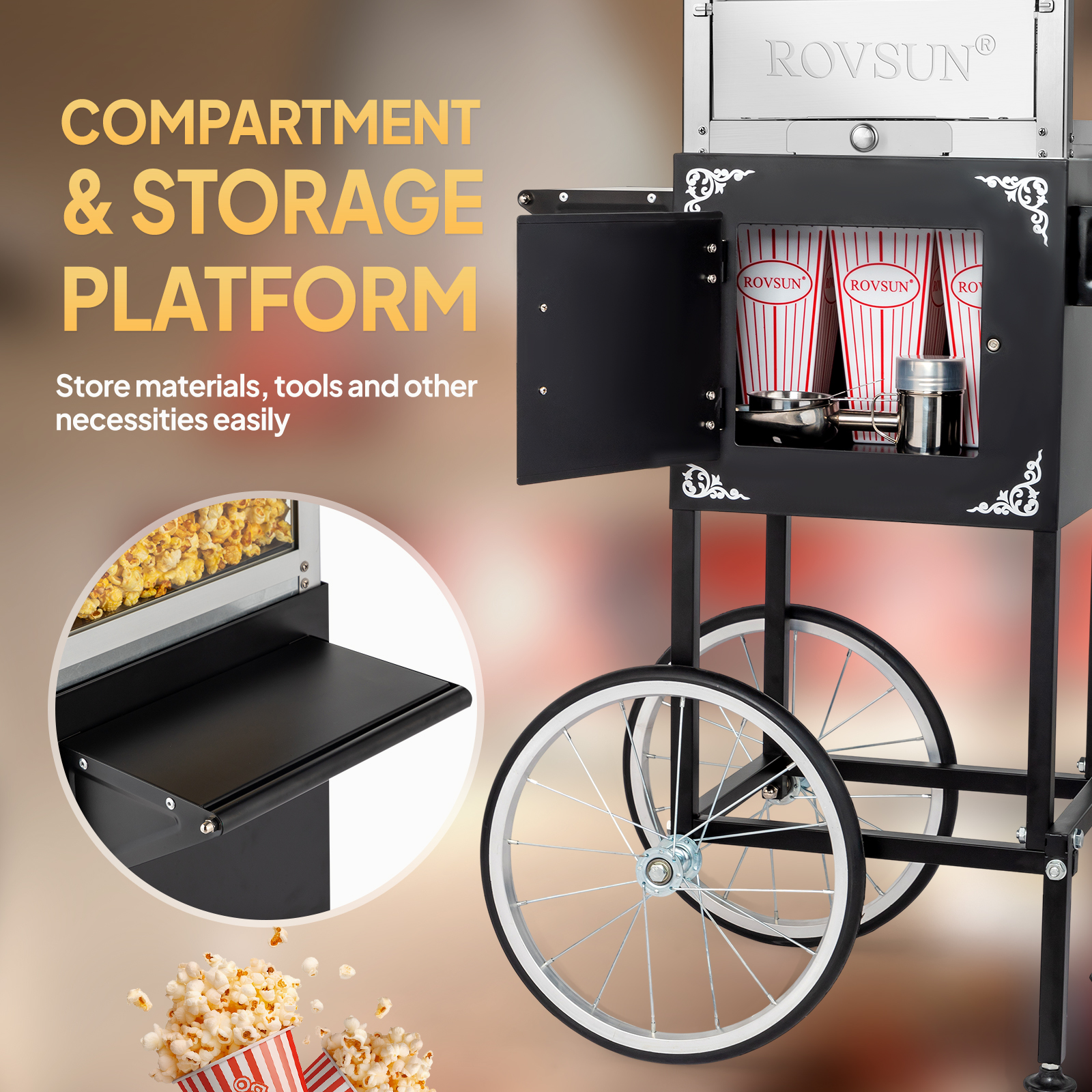 Popcorn Machine Maker Popper with Cart and 8-Ounce Kettle