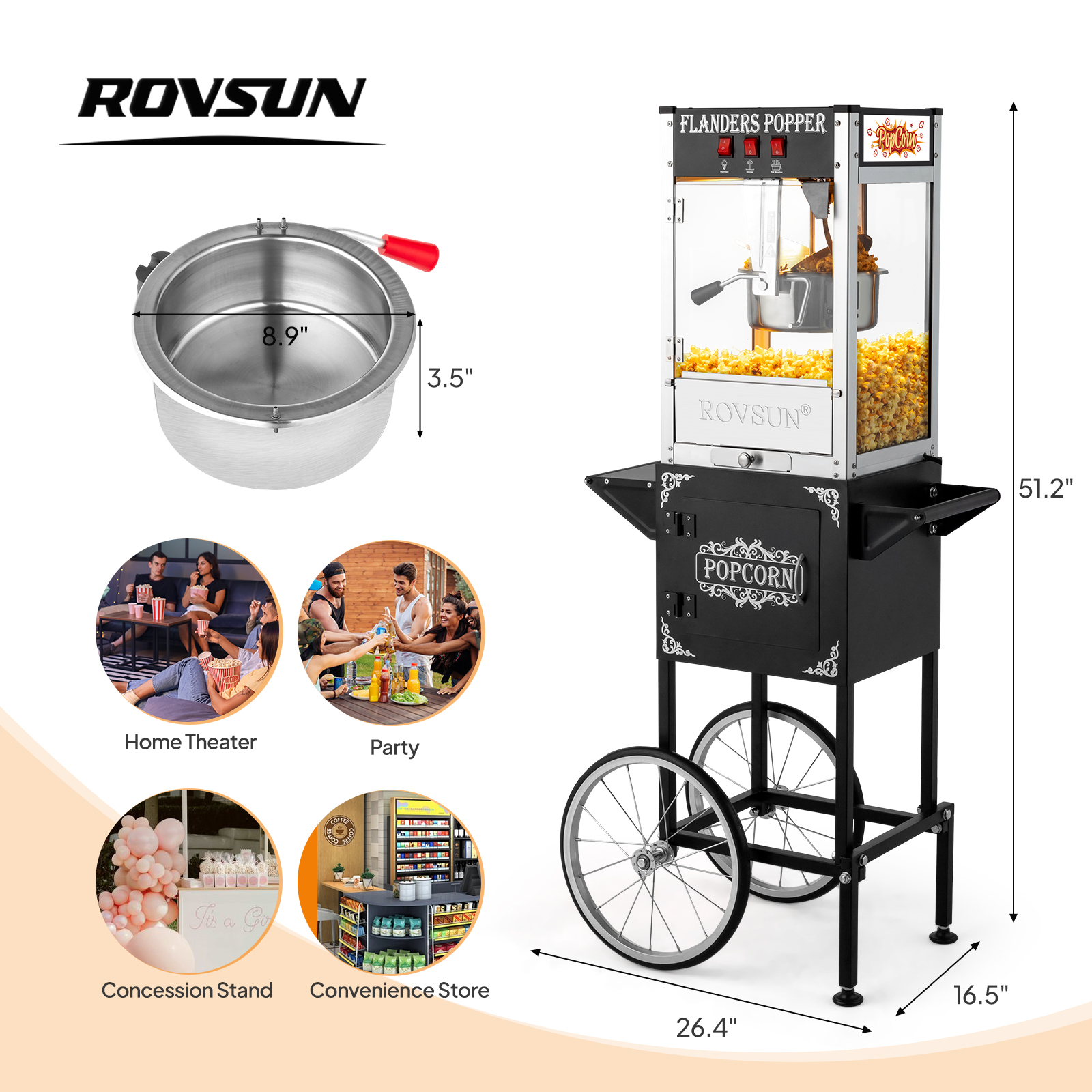 Popcorn Machine Maker Popper with Cart and 8-Ounce Kettle