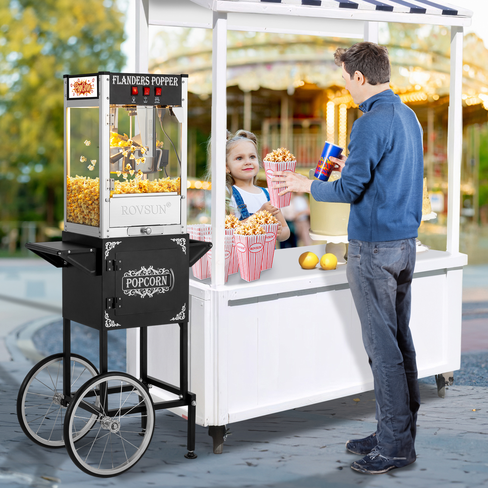 Popcorn Machine Maker Popper with Cart and 8-Ounce Kettle