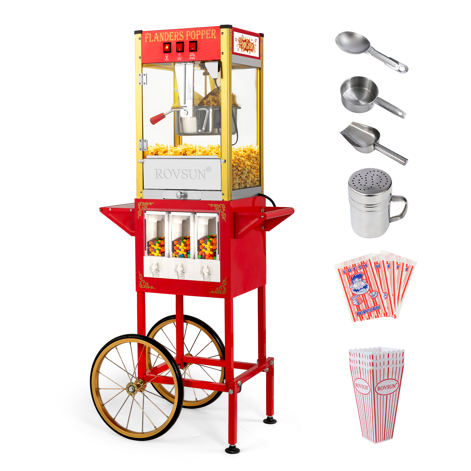 Popcorn Machine Maker Popper with Cart, 8-Ounce Kettle & Candy Dispenser