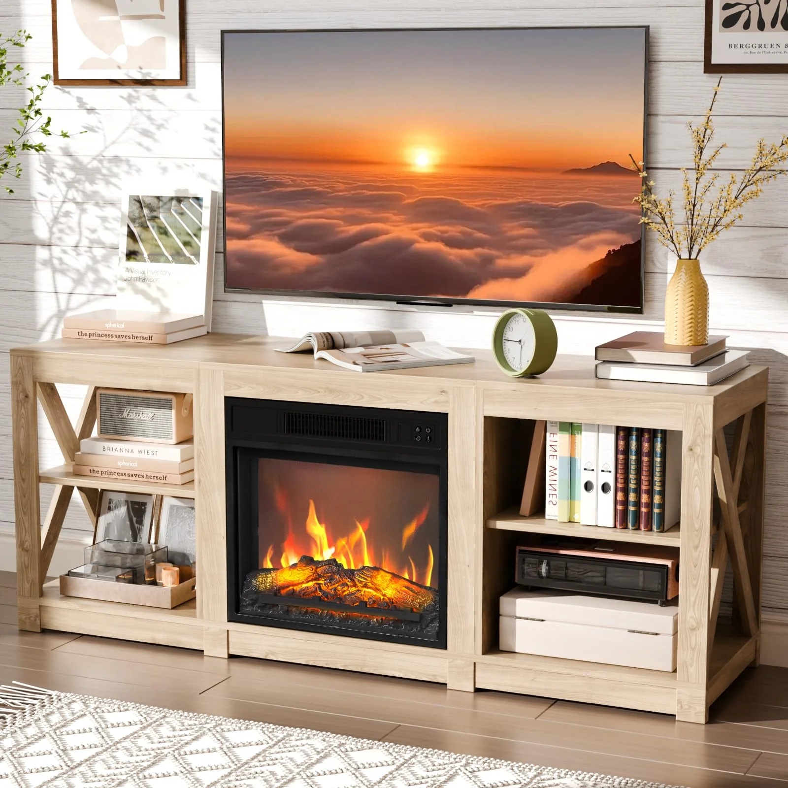 59" Electric Fireplace TV Stand with Remote, Shelves for TVs Up to 65 Inch New