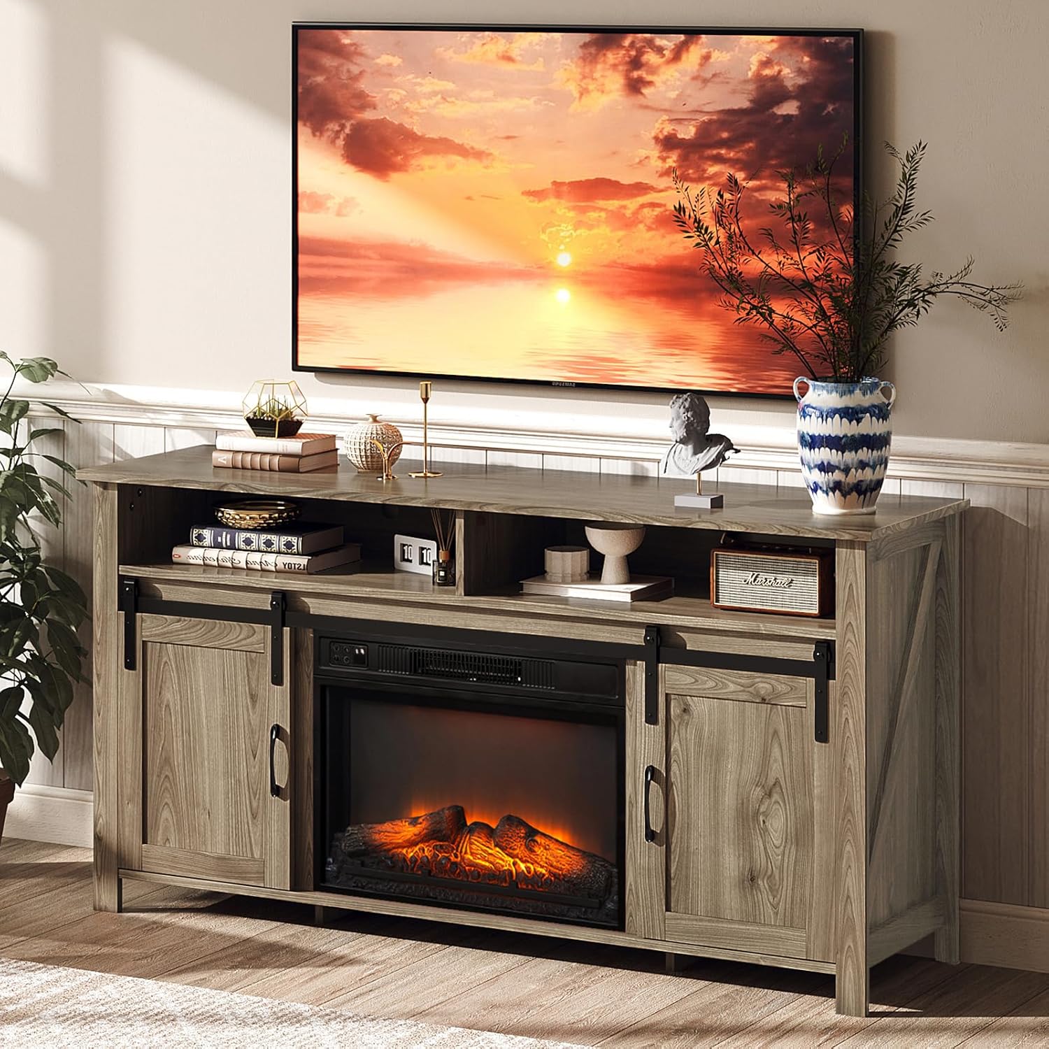 With Sliding Barn Door & Storage Cabinets For 70 Inch Tv
