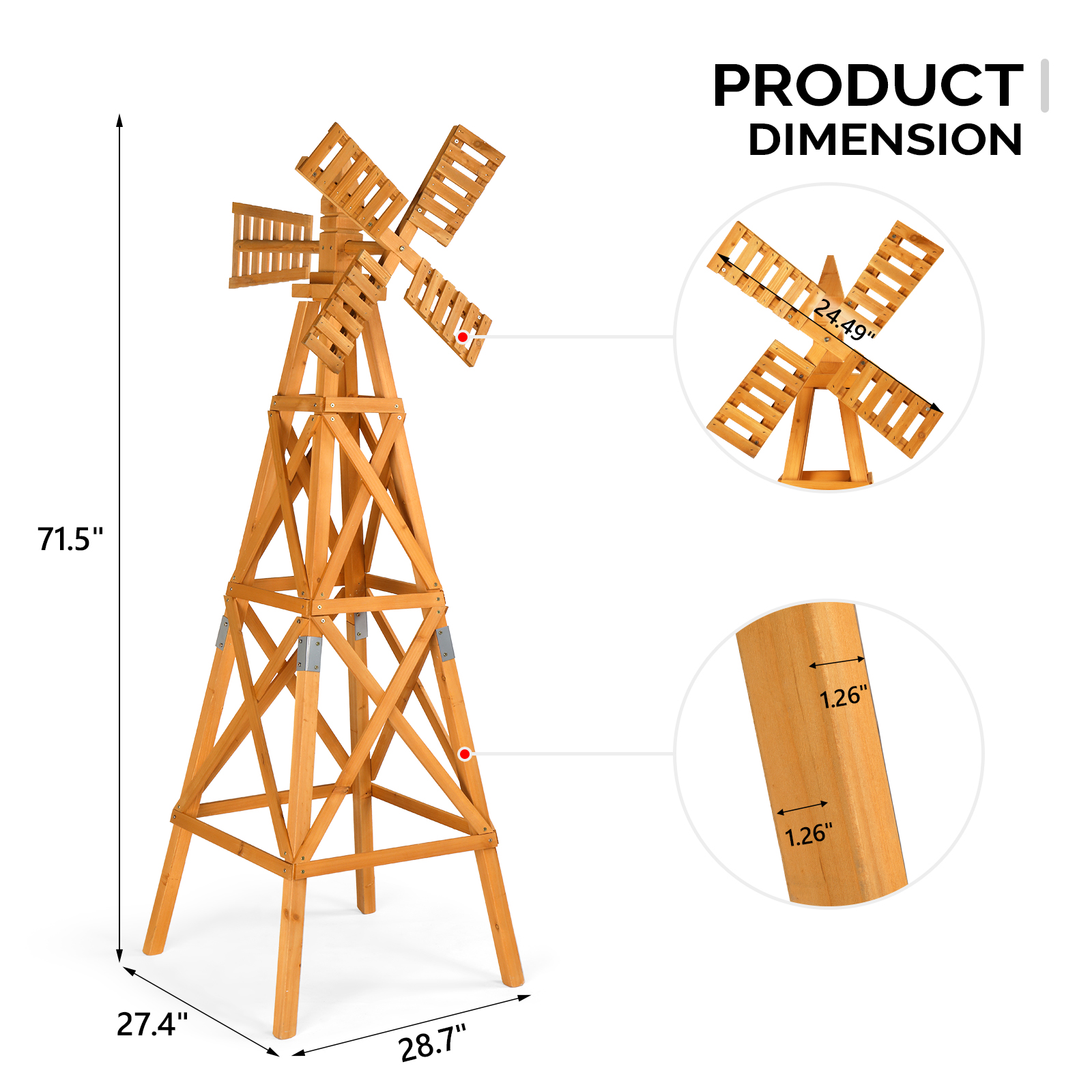 6 FT Wood Windmill Backyard Garden 2-Layer Cross-Jointed Weathervane with Head