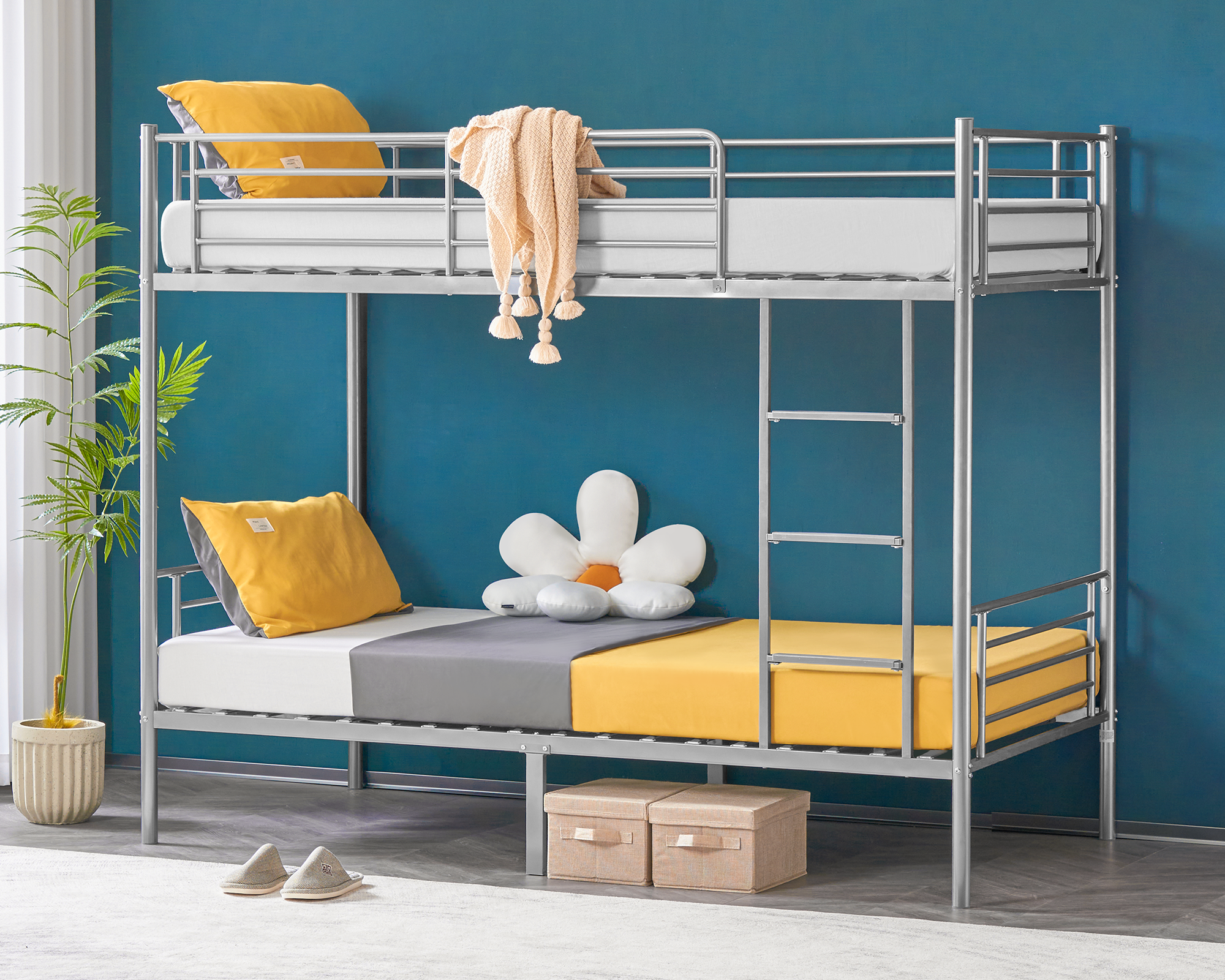 Twin-Over-Twin Bed Frame for Kids Children Teens with Ladder on End Bedroom