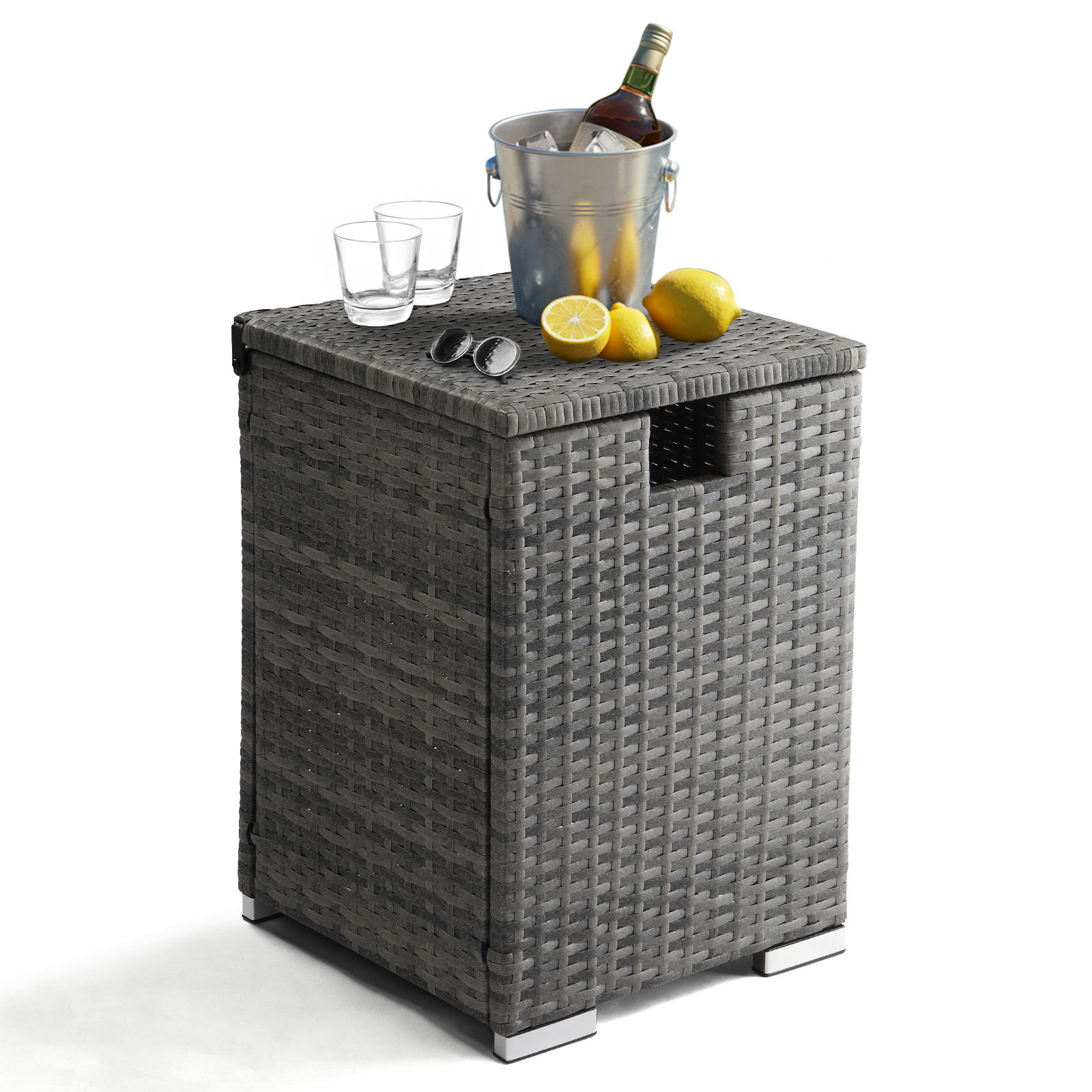 Iron Frame 22inch H Gas Bottle Storage Rattan Side Table Grey/Black Gradient