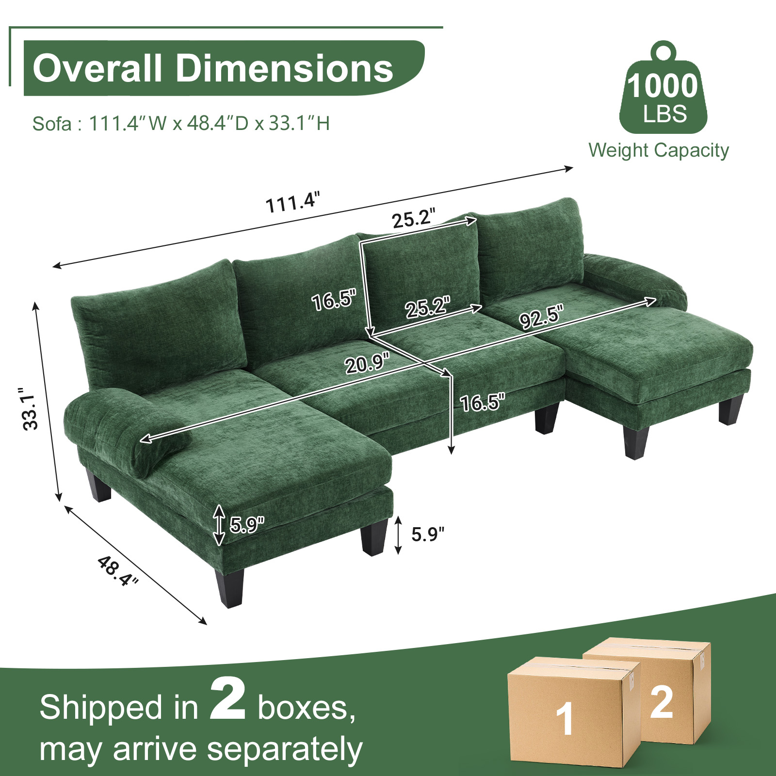Covertible Couch with Wood Grain Legs Chenille Fabric Upholstered for Home Green - Picture 16 of 16
