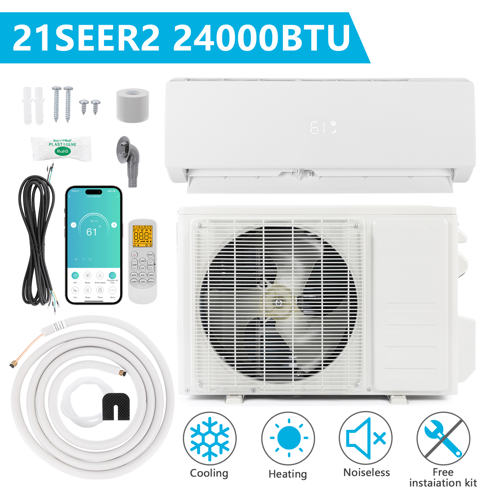 ZOKOP 19-21 SEER2 9 000-24000 BTU Ductless Mini Split AC Heating System Inverter - Picture 21 of 21