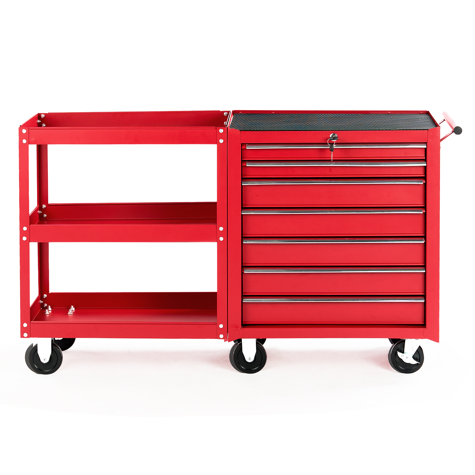 7-Drawer Tool Storage Cart Steel Tool Box with Lock & Key & Wheel & Side Shelves