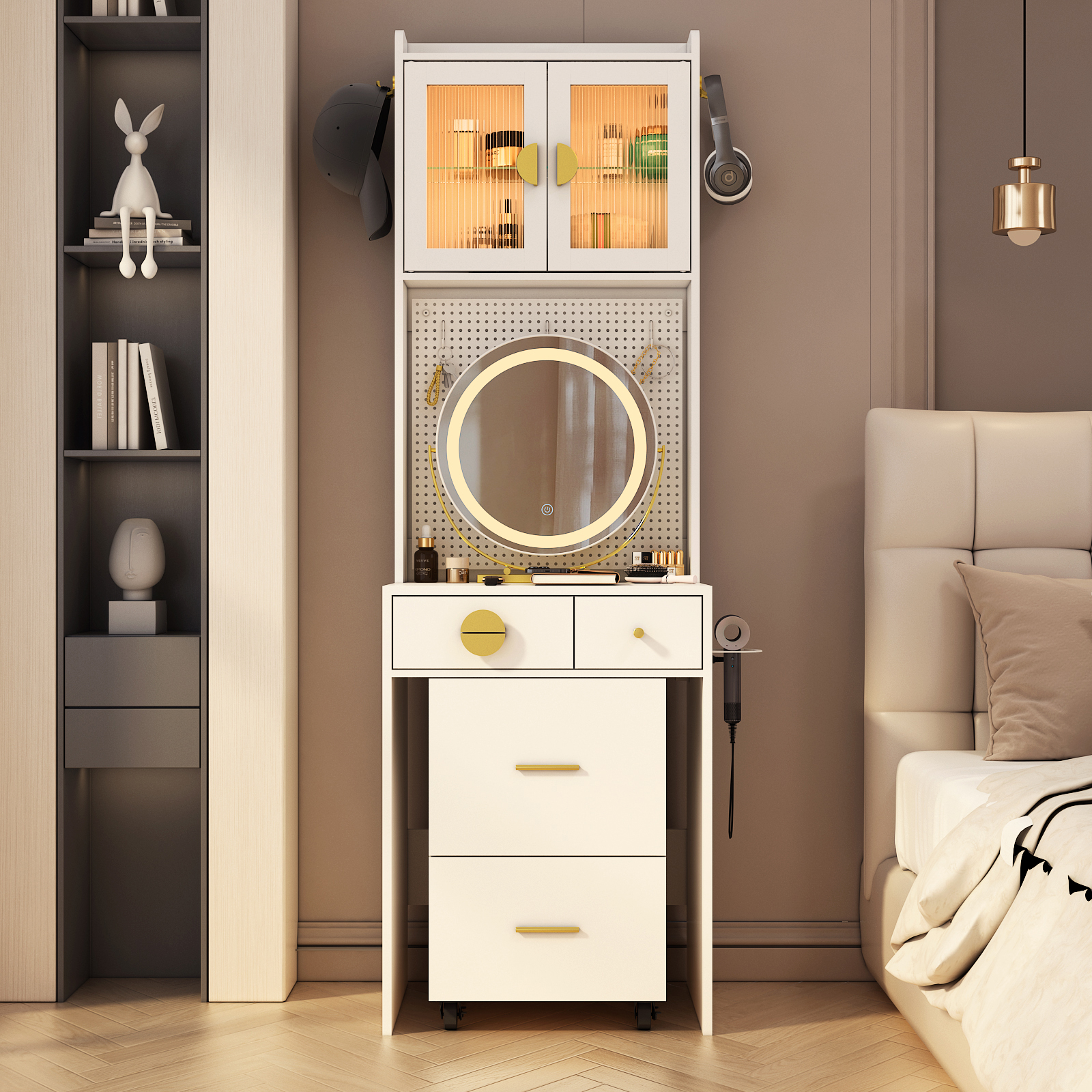 Small Space Makeup Vanity Set LED Lighted Mirror Power Outlet & DIY Pegboard US