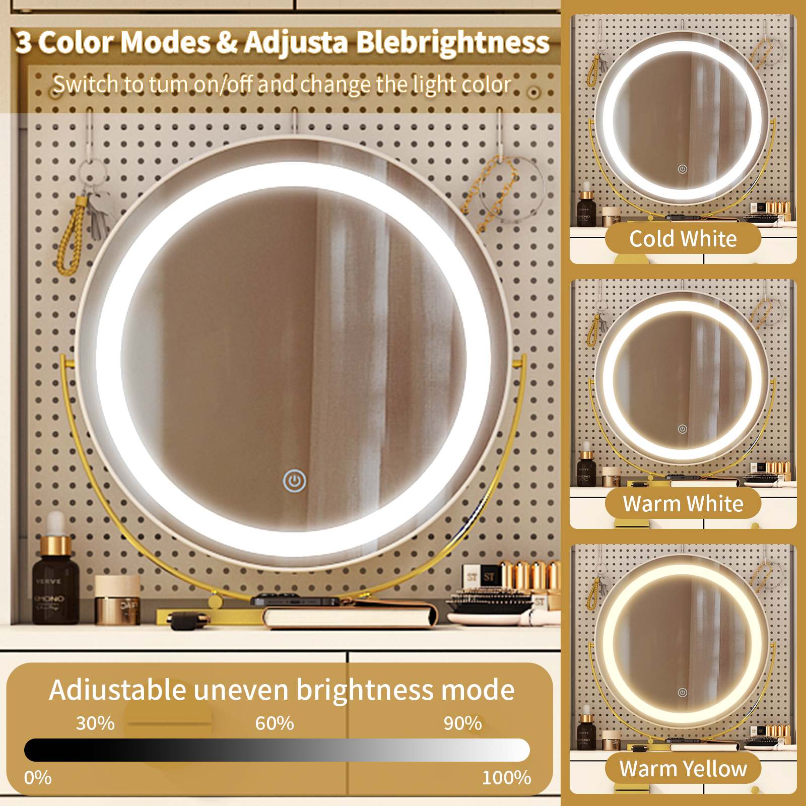 Small Space Makeup Vanity Set LED Lighted Mirror Power Outlet & DIY Pegboard US