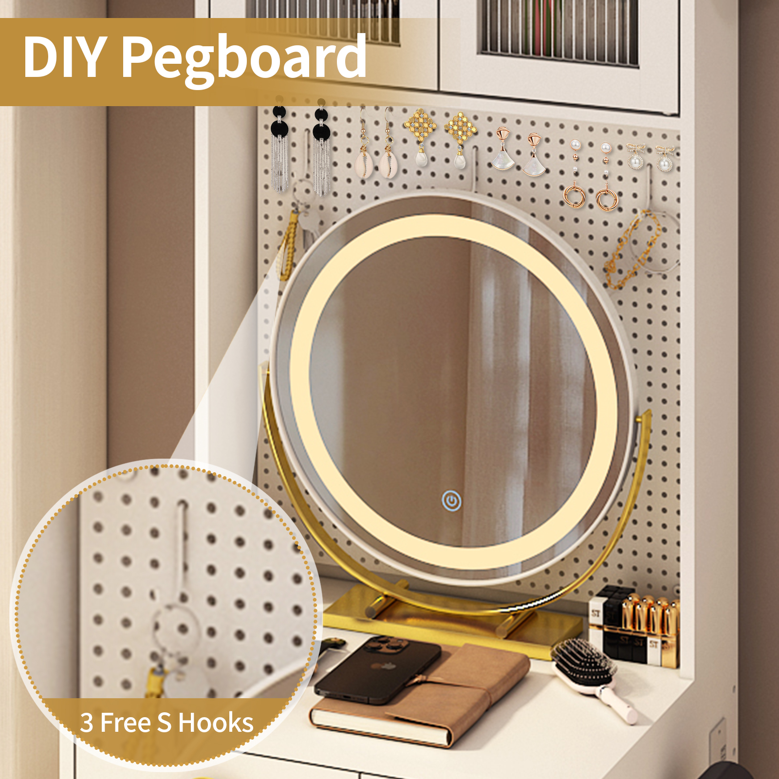 Small Space Makeup Vanity Set LED Lighted Mirror Power Outlet & DIY Pegboard US