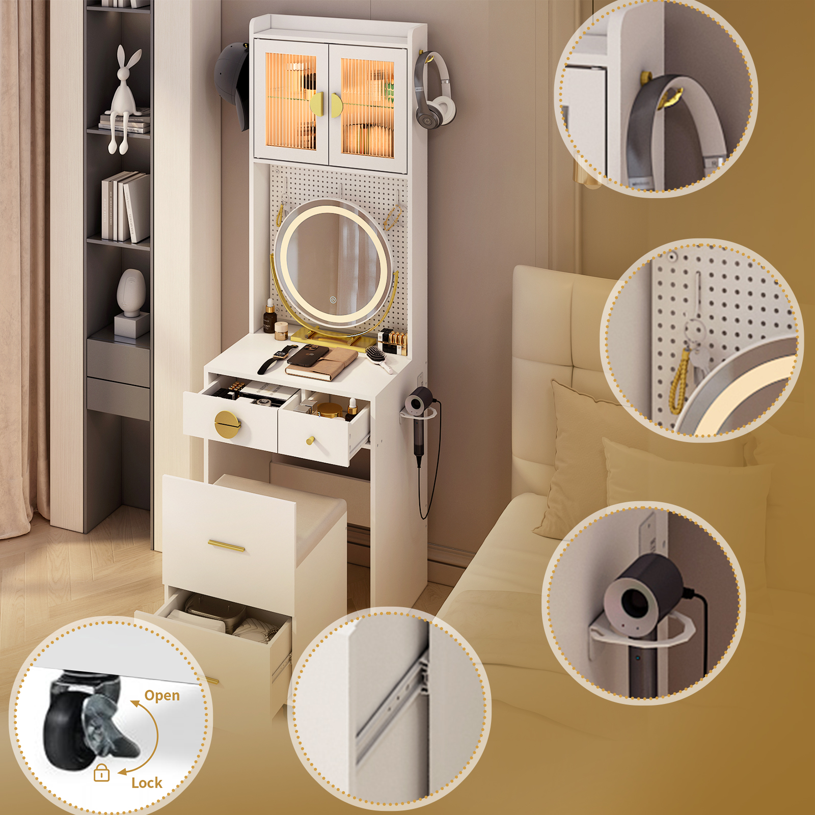 Small Space Makeup Vanity Set LED Lighted Mirror Power Outlet & DIY Pegboard US