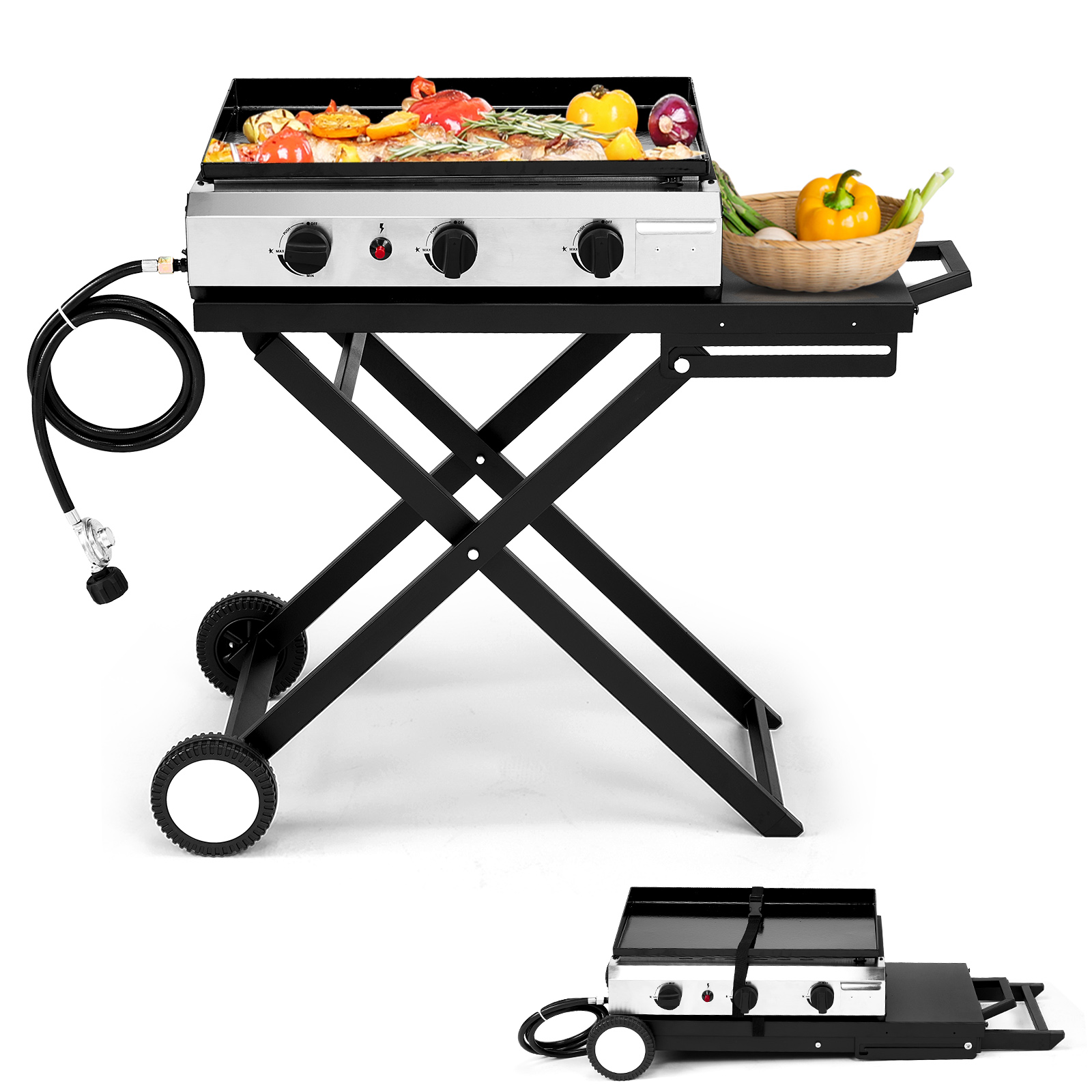 Folding Gas Griddle Cooking Station with 3 Burner Gas Grill Propane for Outdoor