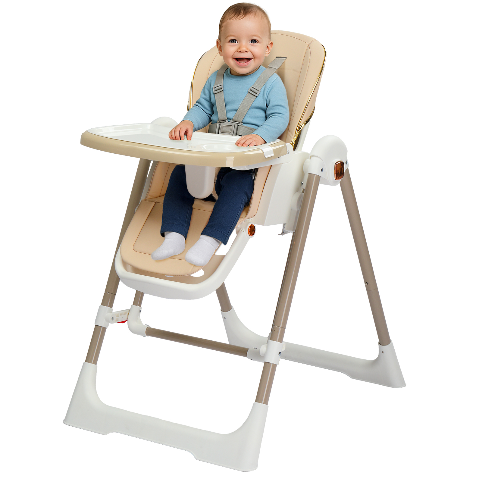Folding Baby High Chair,Reclining Back, 5-Point Safety Harness
